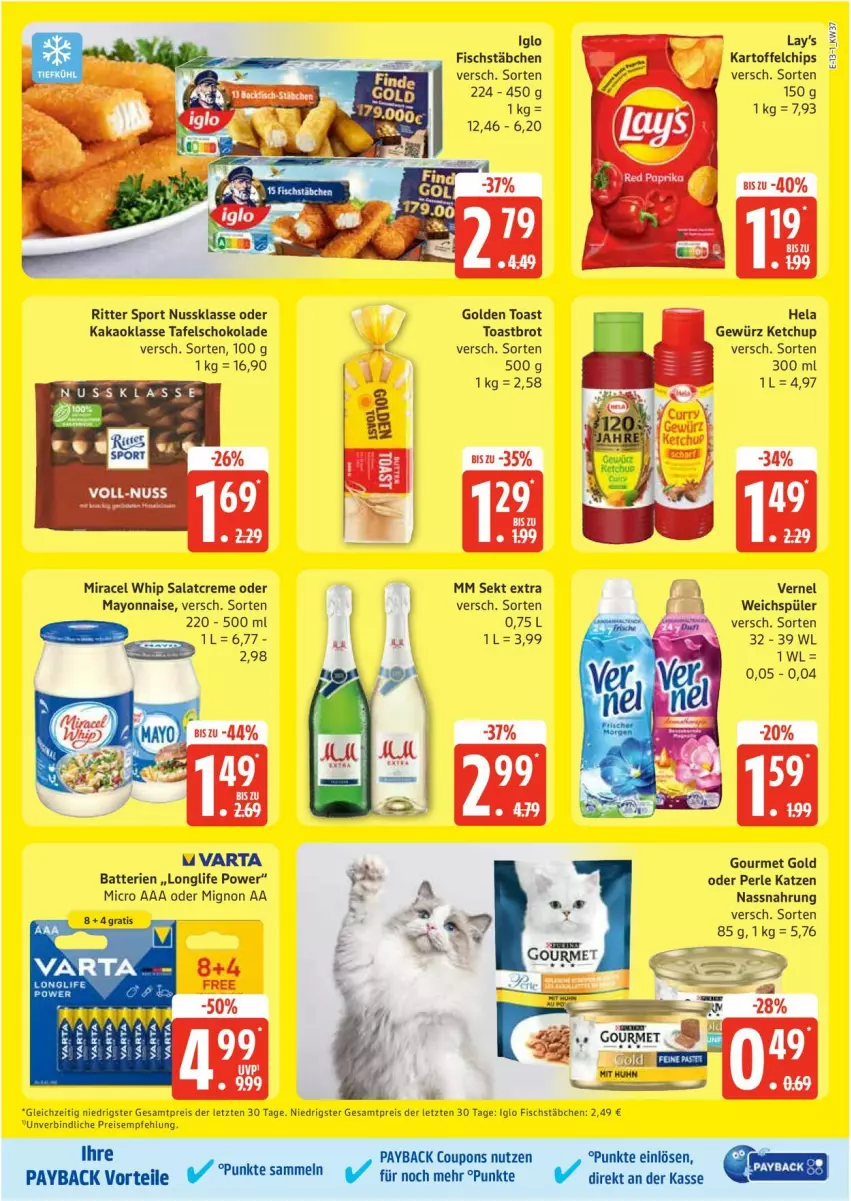 Aktueller Prospekt Edeka - Prospekte - von 08.09 bis 13.09.2025 - strona 13 - produkty: batterie, batterien, brot, chips, coupon, coupons, creme, eis, fisch, fischstäbchen, gewürz, golden toast, gourmet gold, Hela, iglo, kakao, kartoffel, kartoffelchips, ketchup, longlife, mayonnaise, miracel, miracel whip, Nassnahrung, nuss, payback, reis, ritter, ritter sport, salat, salatcreme, schoko, schokolade, sekt, Sport, tafelschokolade, Ti, toast, Toastbrot, varta, vernel, weichspüler, Yo, ZTE