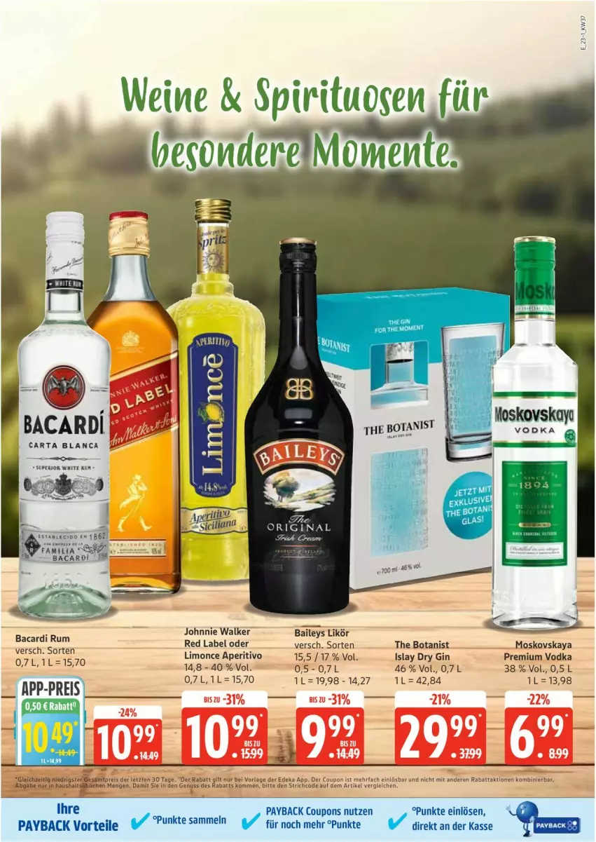 Aktueller Prospekt Edeka - Prospekte - von 08.09 bis 13.09.2025 - strona 23 - produkty: baileys, coupon, coupons, deka, dry gin, eis, gin, likör, limo, moskovskaya, nuss, payback, premium vodka, reis, spirituosen, Ti, vodka, wein, weine, ZTE