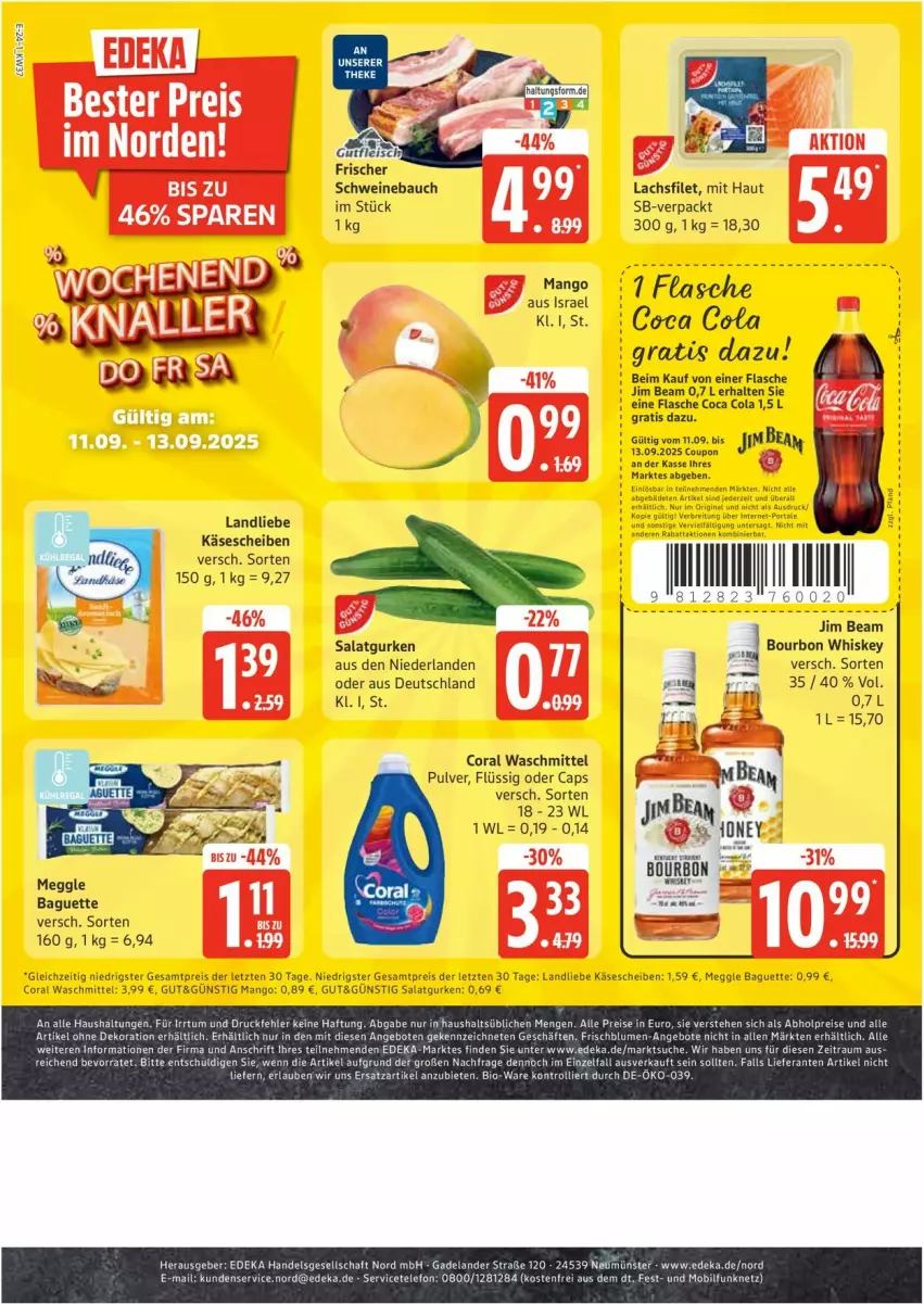 Aktueller Prospekt Edeka - Prospekte - von 08.09 bis 13.09.2025 - strona 24 - produkty: baguette, Bau, bourbon, bourbon whiskey, Cap, Coral, coupon, eis, filet, gurke, gurken, jim beam, Käse, käsescheiben, lachs, lachsfilet, landliebe, mango, meggle, reis, salat, Salatgurke, salatgurken, schwein, schweine, Schweinebauch, Ti, waschmittel, wein, weine, whiskey, ZTE