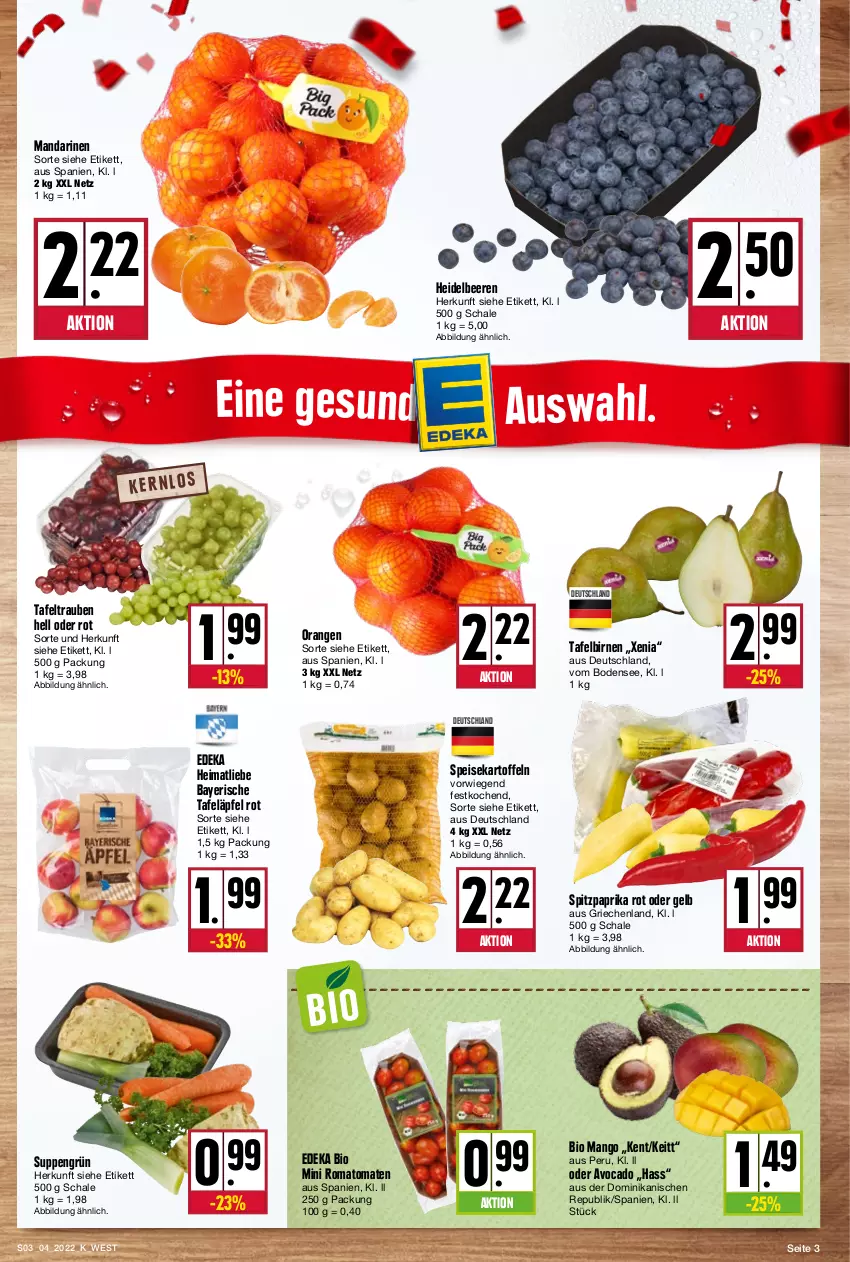 Aktueller Prospekt Kupsch - Angebote der Woche - von 24.01 bis 29.01.2022 - strona 3 - produkty: avocado, beere, beeren, bio, Birnen, deka, edeka bio, eis, heidelbeere, heidelbeeren, kartoffel, kartoffeln, mandarine, mandarinen, mango, orange, orangen, paprika, paprika rot, Romatomaten, Schal, Schale, speisekartoffeln, Spitzpaprika, suppe, suppen, tafeläpfel, tafelbirnen, tafeltrauben, Ti, tomate, tomaten, trauben