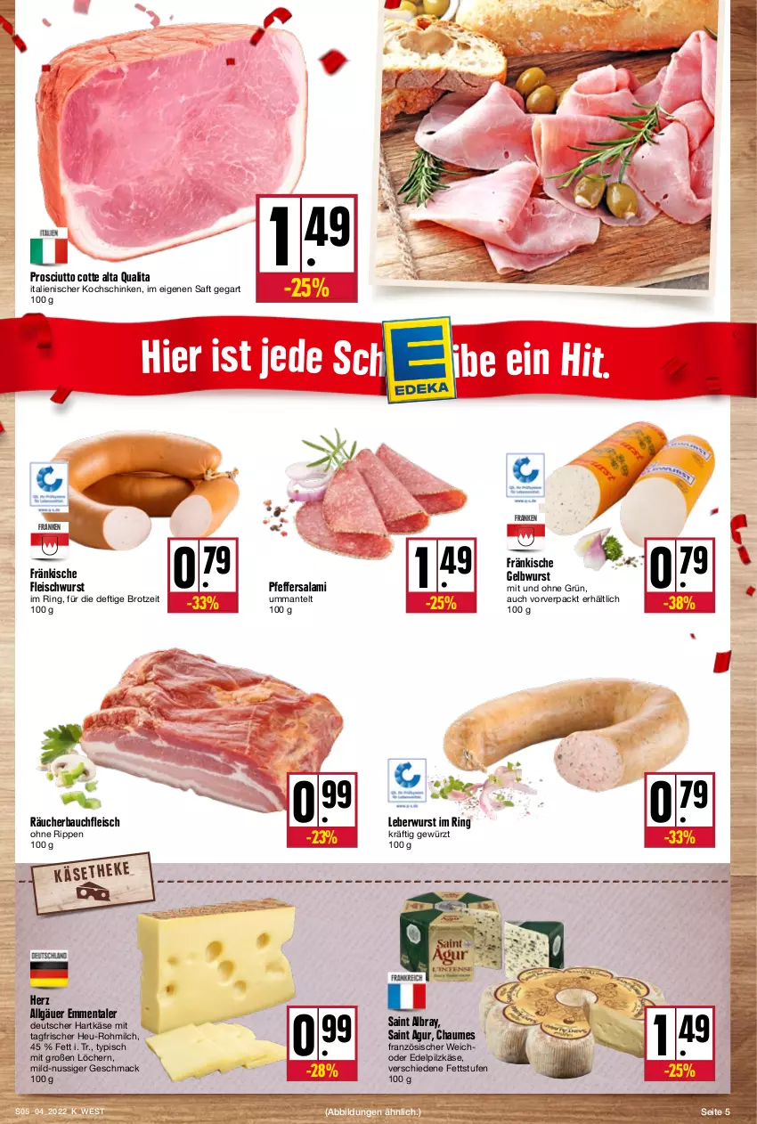 Aktueller Prospekt Kupsch - Angebote der Woche - von 24.01 bis 29.01.2022 - strona 5 - produkty: albray, Bau, brot, chaumes, eis, emmentaler, fleisch, fleischwurst, gewürz, hartkäse, Heu, Käse, kochschinken, leberwurst, LG, mac, Mantel, milch, nuss, pfeffer, prosciutto, ring, Rippen, saft, Saint Agur, saint albray, salami, schinken, Ti, wurst