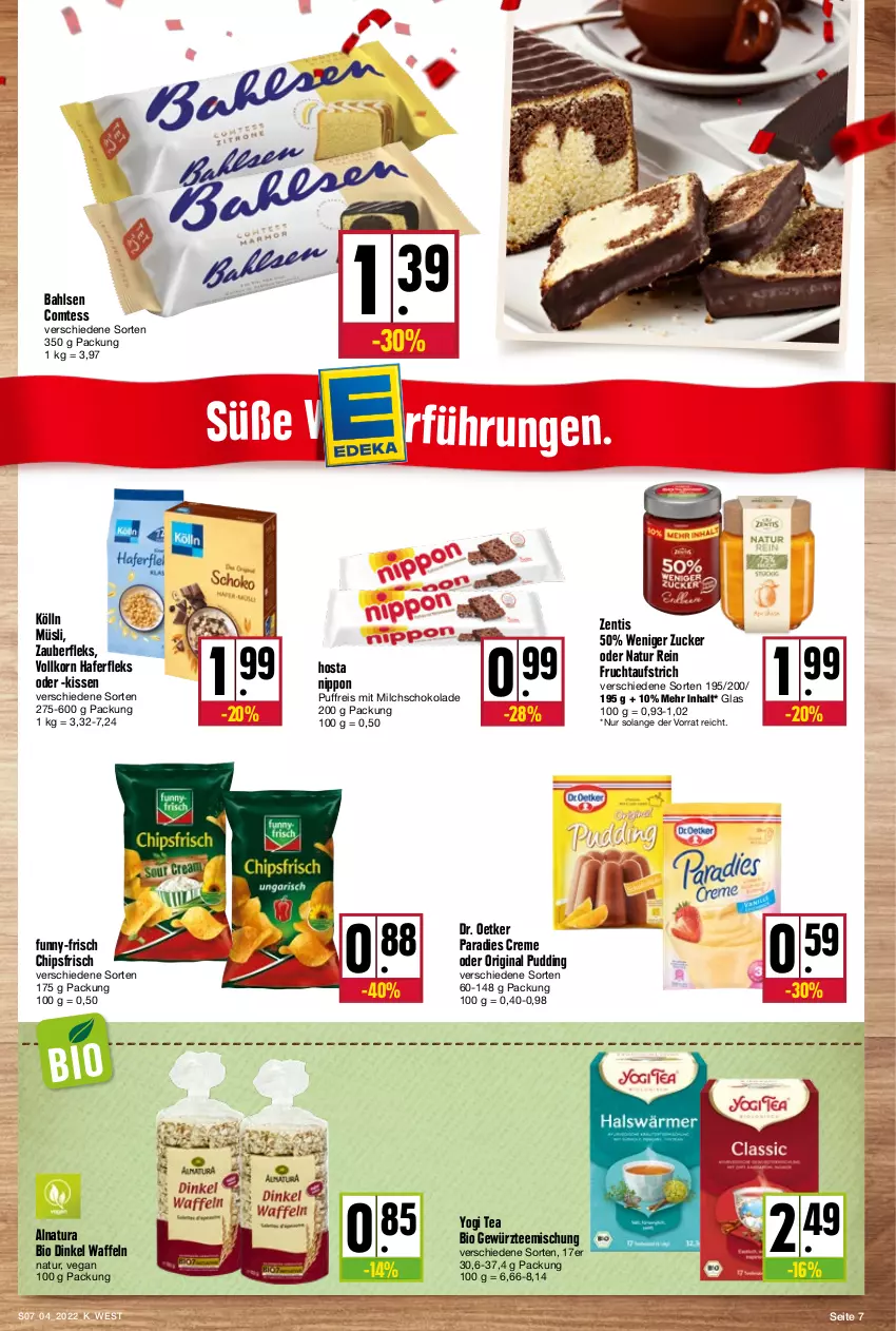 Aktueller Prospekt Kupsch - Angebote der Woche - von 24.01 bis 29.01.2022 - strona 7 - produkty: aufstrich, bahlsen, bio, chips, chipsfrisch, comtess, creme, Dr. Oetker, eis, frucht, fruchtaufstrich, funny-frisch, gewürz, gin, hafer, haferfleks, kissen, kölln, korn, milch, müsli, natur, natura, nippon, Paradies Creme, pudding, reis, schoko, schokolade, tee, Ti, waffeln, Yo, zentis, ZTE, zucker