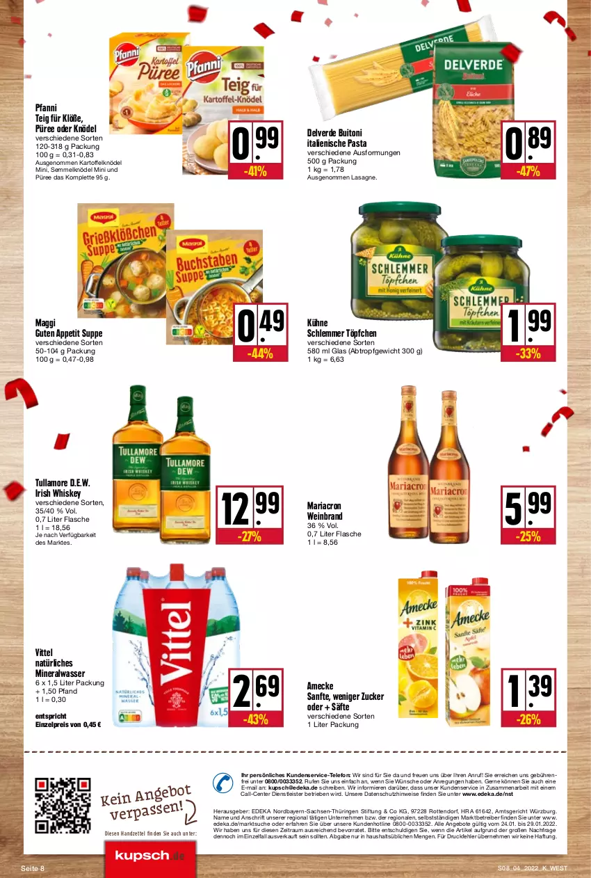 Aktueller Prospekt Kupsch - Angebote der Woche - von 24.01 bis 29.01.2022 - strona 8 - produkty: Alwa, amecke, angebot, angebote, buitoni, deka, eis, ente, erde, flasche, irish whiskey, italienische pasta, kartoffel, Kartoffelknödel, Knödel, Kühne, lasagne, maggi, mariacron, mineralwasser, natürliches mineralwasser, pasta, pfanni, püree, reis, Ria, ring, sac, säfte, Semmel, Semmelknödel, suppe, telefon, Ti, Töpfchen, tullamore, vittel, wasser, wein, weinbrand, whiskey, zucker