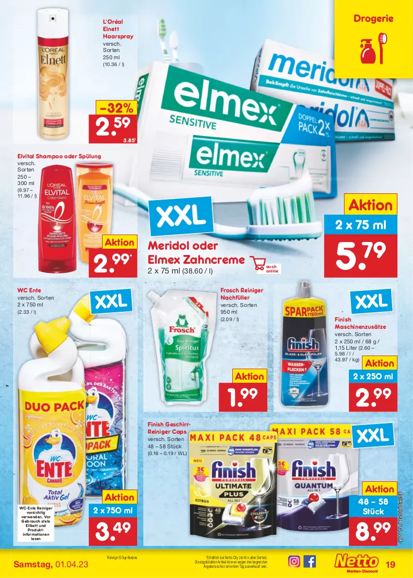 Aktueller Prospekt Netto Marken-Discount - Filial-Angebote - von 27.03 bis 01.04.2023 - strona 19 - produkty: angebot, bestpreis, Cap, creme, eis, elmex, elnett, elvital, ente, Finish, Frosch, geschirr, haarspray, meridol, Rauch, reiniger, reis, rwe, shampoo, shampoo oder spülung, spülung, Ti, vita, wc ente, zahncreme, ZTE