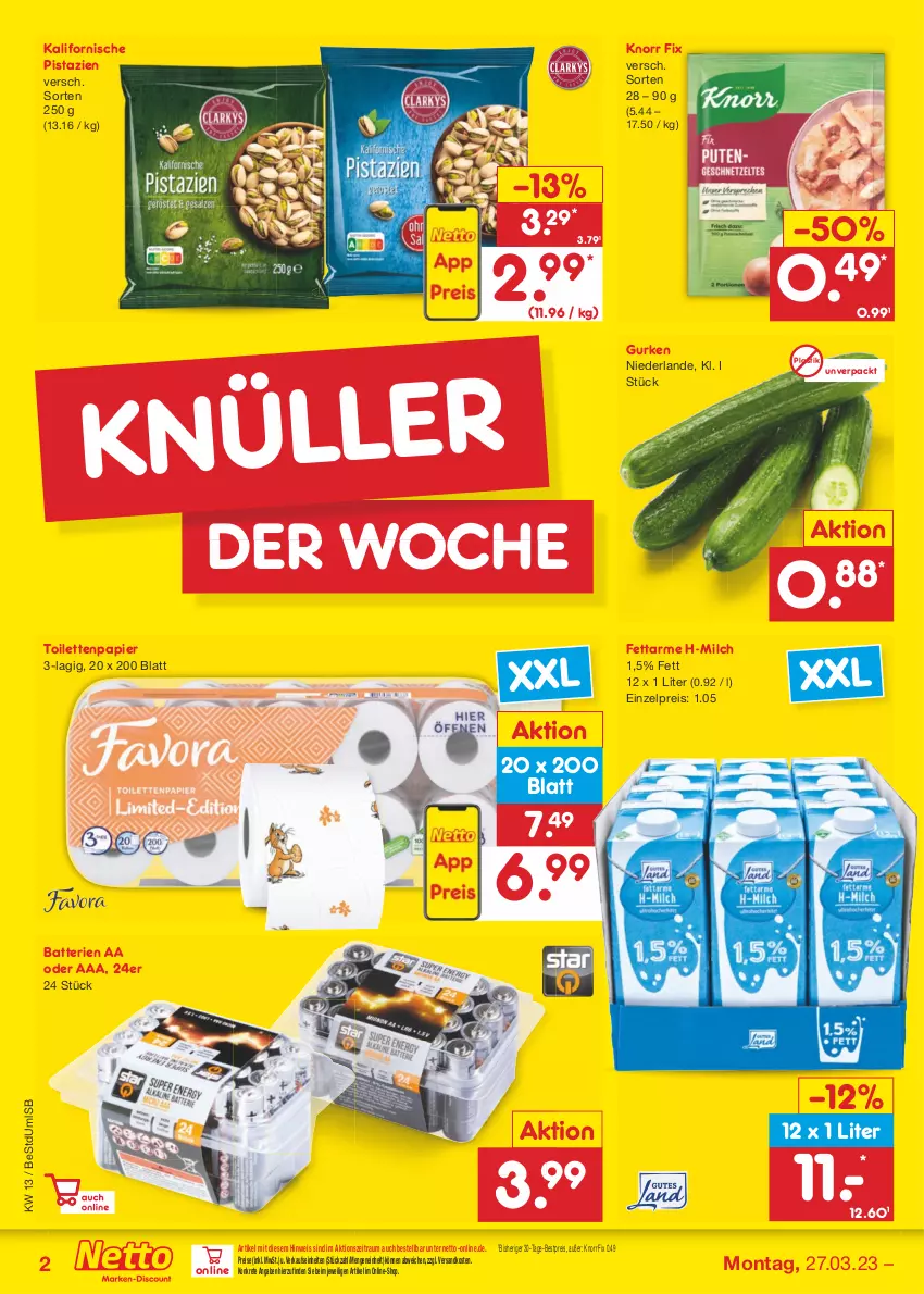 Aktueller Prospekt Netto Marken-Discount - Filial-Angebote - von 27.03 bis 01.04.2023 - strona 2 - produkty: asti, batterie, batterien, bestpreis, eis, gurke, gurken, knorr, knorr fix, milch, ndk, papier, pistazien, reis, Ti, toilettenpapier