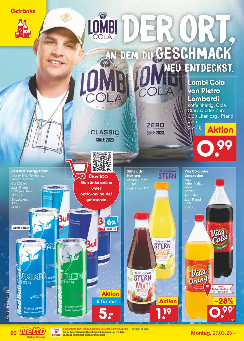 Aktueller Prospekt Netto Marken-Discount - Filial-Angebote - von 27.03 bis 01.04.2023 - strona 20 - produkty: bestpreis, cola, drink, eis, energy drink, getränk, getränke, limo, limonade, limonaden, mac, ndk, Nektar, red bull, reis, ring, säfte, Ti, vita, Vita C