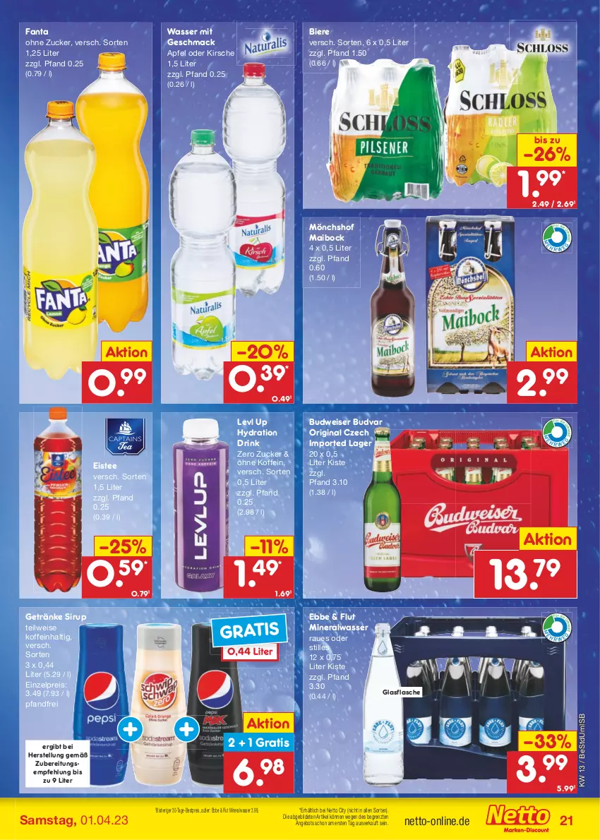 Aktueller Prospekt Netto Marken-Discount - Filial-Angebote - von 27.03 bis 01.04.2023 - strona 21 - produkty: Alwa, angebot, apfel, bestpreis, bier, Biere, budweiser, drink, eis, eistee, fanta, flasche, getränk, getränke, gin, glasflasche, kirsch, kirsche, mac, mineralwasser, mönchshof, reis, sirup, tee, Ti, wasser, ZTE, zucker