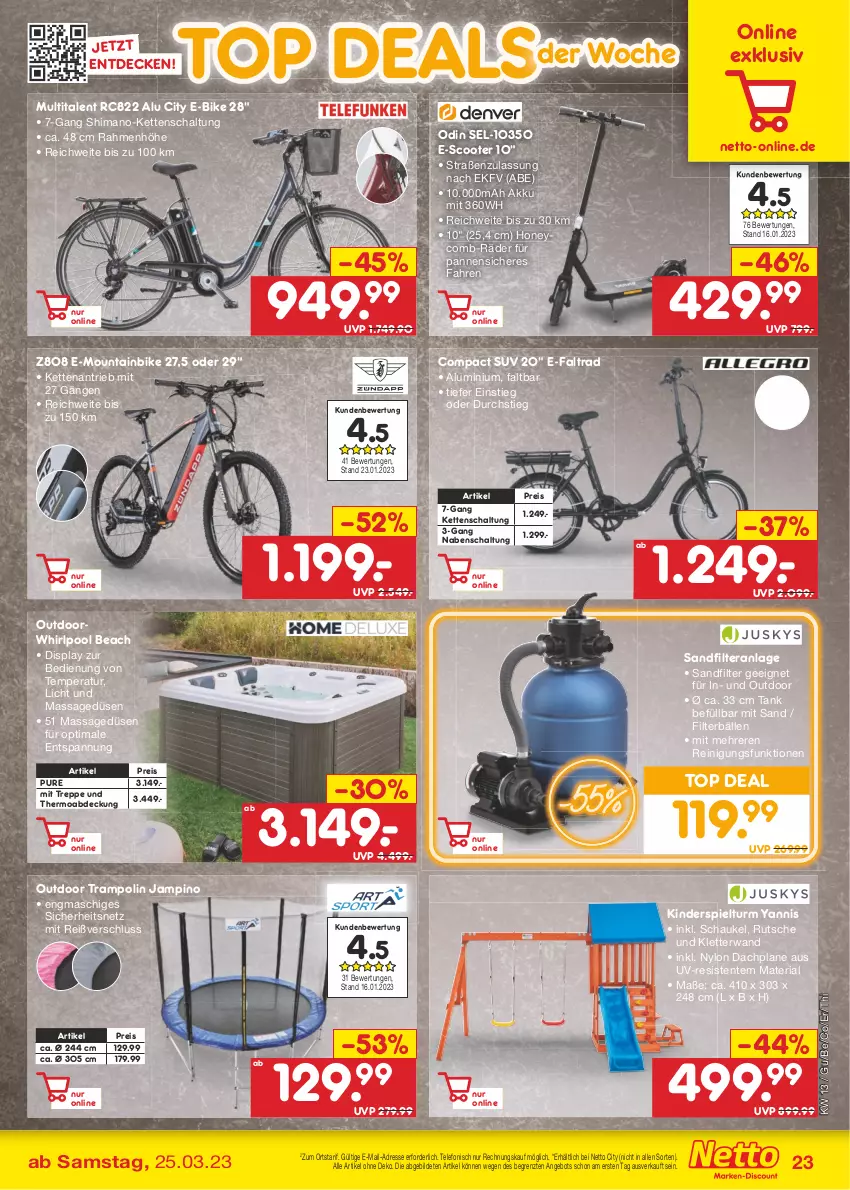 Aktueller Prospekt Netto Marken-Discount - Filial-Angebote - von 27.03 bis 01.04.2023 - strona 23 - produkty: akku, angebot, decke, E-Bike, eis, ente, Filterbälle, HP, Kette, Kinder, Kinderspiel, Mountainbike, pool, Reinigung, reis, Ria, sandfilteranlage, Schal, Schaukel, scooter, shimano, telefon, Ti, Trampolin, Whirlpool, ZTE