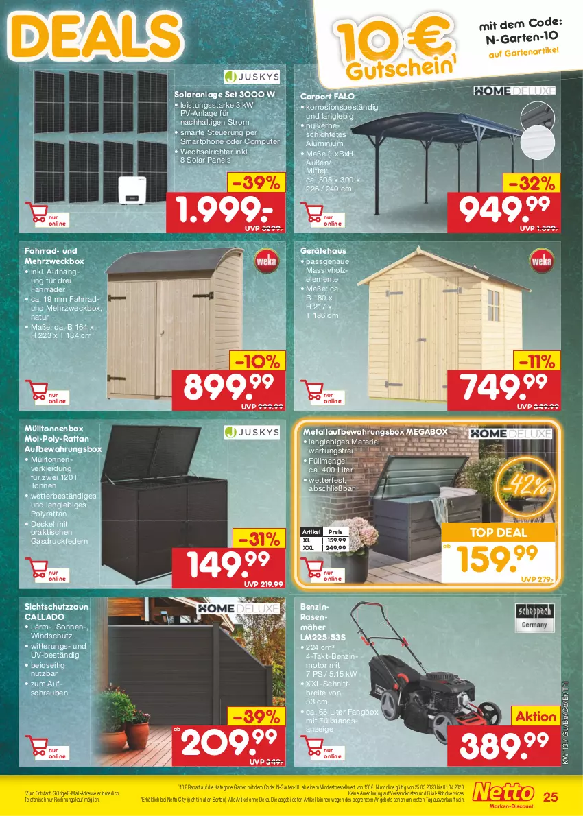 Aktueller Prospekt Netto Marken-Discount - Filial-Angebote - von 27.03 bis 01.04.2023 - strona 25 - produkty: angebot, aufbewahrungsbox, Brei, Carport, computer, decke, Deckel, eis, ente, Fahrrad, Garten, Holz, kleid, Kleidung, massivholz, natur, ndk, pute, rasen, rasenmäher, reis, Ria, schrauben, smartphone, telefon, Ti, tisch, weck, Windschutz, ZTE