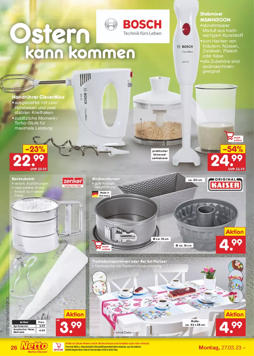 Aktueller Prospekt Netto Marken-Discount - Filial-Angebote - von 27.03 bis 01.04.2023 - strona 26 - produkty: Ausstecher, Backform, Backzubehör, beutel, eis, fleisch, Germ, Käse, kräuter, kräutern, leine, mehl, Mixer, ndk, reis, salz, spülmaschinen, stabmixer, Ti, tisch, Tischwäsche, Zerkleinerer, zwiebel, zwiebeln