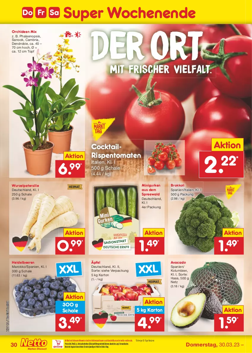 Aktueller Prospekt Netto Marken-Discount - Filial-Angebote - von 27.03 bis 01.04.2023 - strona 30 - produkty: avocado, beere, beeren, bestpreis, brokkoli, cocktail, eis, gurke, gurken, heidelbeere, heidelbeeren, ndk, orchidee, orchideen, petersilie, phalaenopsis, reis, Ria, rispentomaten, Schal, Schale, Ti, tomate, tomaten, topf