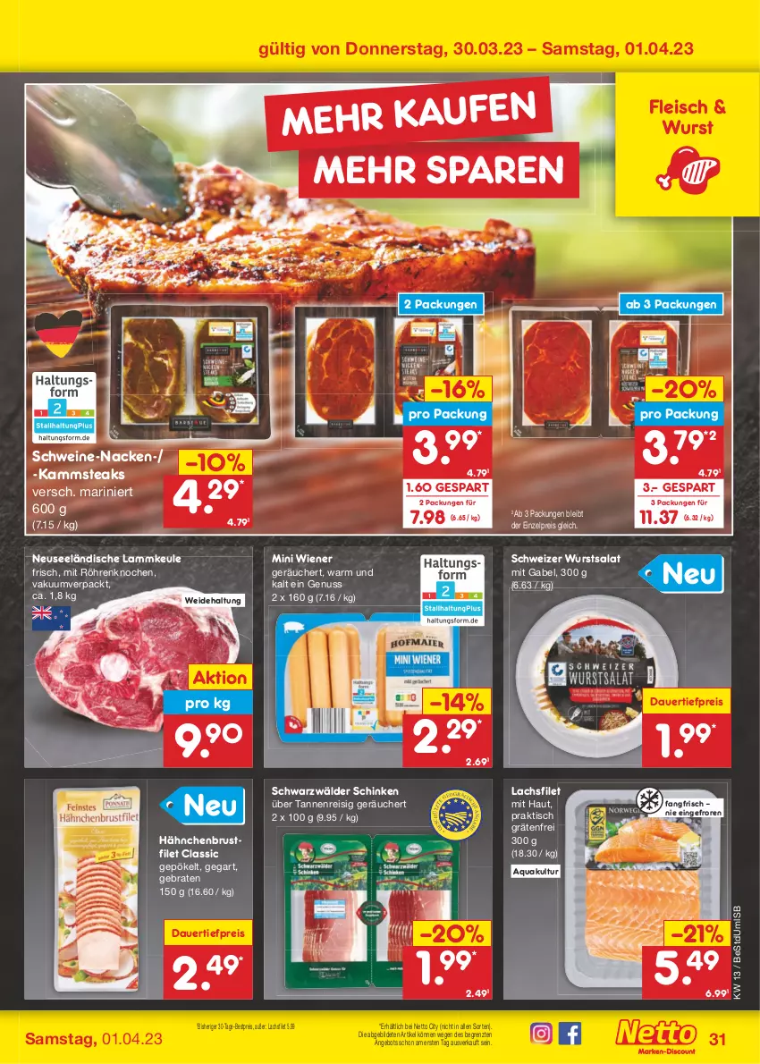 Aktueller Prospekt Netto Marken-Discount - Filial-Angebote - von 27.03 bis 01.04.2023 - strona 31 - produkty: angebot, aqua, auer, bestpreis, braten, brustfilet, dauertiefpreis, eis, filet, fleisch, gabel, hähnchenbrust, hähnchenbrustfilet, lachs, lachsfilet, lamm, lammkeule, nuss, reis, salat, schinken, schwarzwälder schinken, schwein, schweine, steak, steaks, Ti, tiefpreis, tisch, wein, weine, wiener, wurst, ZTE