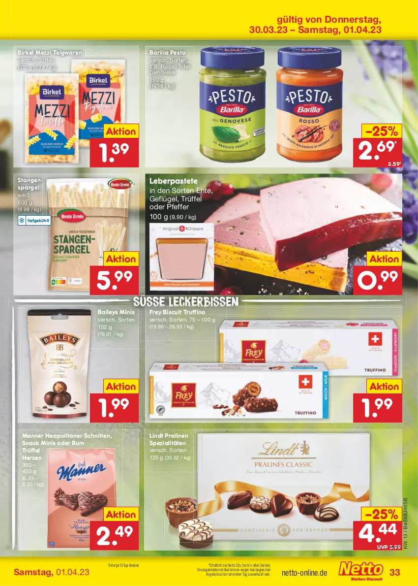 Aktueller Prospekt Netto Marken-Discount - Filial-Angebote - von 27.03 bis 01.04.2023 - strona 33 - produkty: angebot, baileys, barilla, bestpreis, birkel, eis, ente, Geflügel, genovese, lindt, Manner, pastete, pesto, pfeffer, pralinen, reis, rum, schnitten, snack, spargel, Spezi, stangenspargel, teigwaren, Ti, Trüffel, ZTE