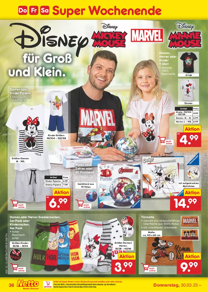 Aktueller Prospekt Netto Marken-Discount - Filial-Angebote - von 27.03 bis 01.04.2023 - strona 36 - produkty: ball, Bau, baumwolle, eis, Kinder, kokos, ndk, Puzzle, Pyjama, reis, Ria, shirt, sneaker, sneakersocken, socken, T-Shirt, Ti, usb, wolle