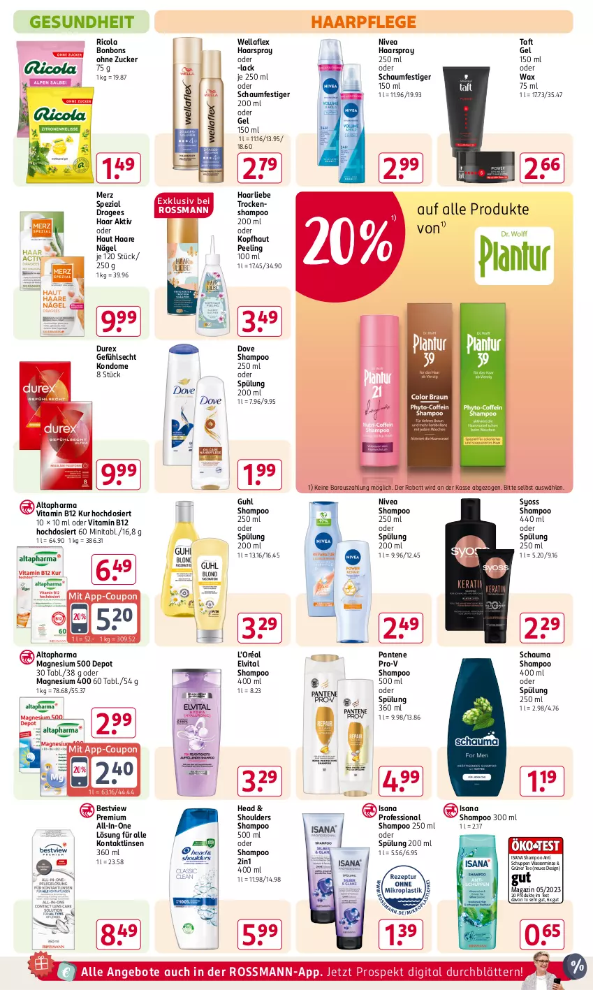 Aktueller Prospekt Rossmann - Prospekte - von 02.12 bis 06.12.2024 - strona 10 - produkty: Altapharma, angebot, angebote, bonbons, cola, coupon, dove, Durex, elvital, Gesundheit, grüner tee, Guhl, haarpflege, haarspray, isana, Kondome, lack, linsen, magazin, magnesium, magnesium 400, Merz Spezial, minze, nivea, oder schaumfestiger, pantene, pantene pro-v, Peeling, pro-v, Ricola, sana, schauma, schauma shampoo, schaumfestiger, shampoo, shampoo 250 ml, Spezi, spülung, spülung 200 ml, syoss, Taft, tee, Ti, Trockenshampoo, vita, Vitamin B, wasser, Wella, wellaflex, Yo, zucker