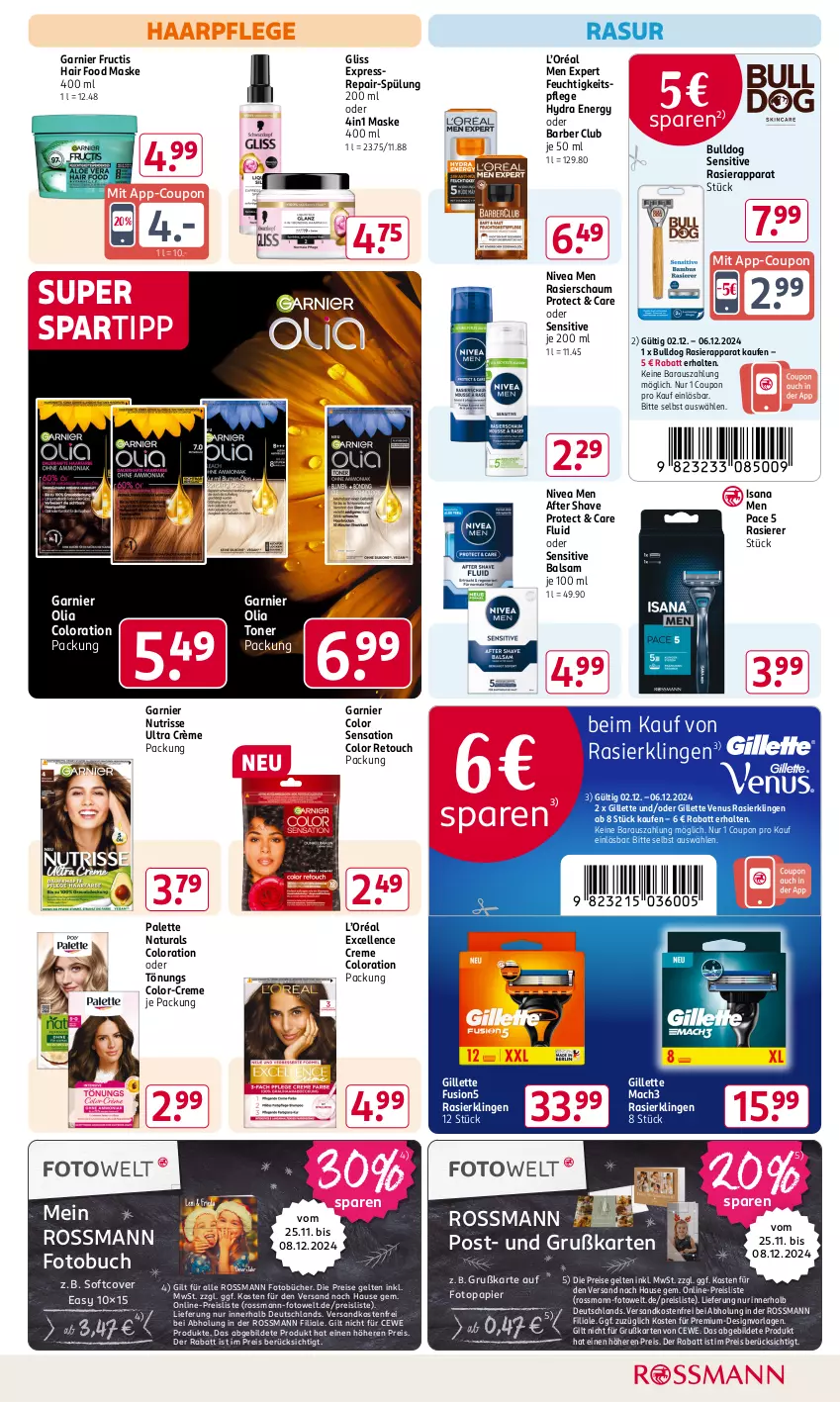 Aktueller Prospekt Rossmann - Prospekte - von 02.12 bis 06.12.2024 - strona 11 - produkty: after shave, balsam, buch, Bulldog, cewe, coupon, creme, eis, elle, feuchtigkeitspflege, Fotobuch, fructis, fusion5, garnier, gillette, gillette venus, gliss, haarpflege, isana, mac, mach3, Maske, natur, natura, ndk, nivea, Nivea Men, Nutrisse, Palette, papier, rasierapparat, rasierer, Rasierklinge, rasierklingen, Rasierschaum, reis, sana, spartipp, spülung, spülung 200 ml, Ti, Toner, venus, versandkostenfrei