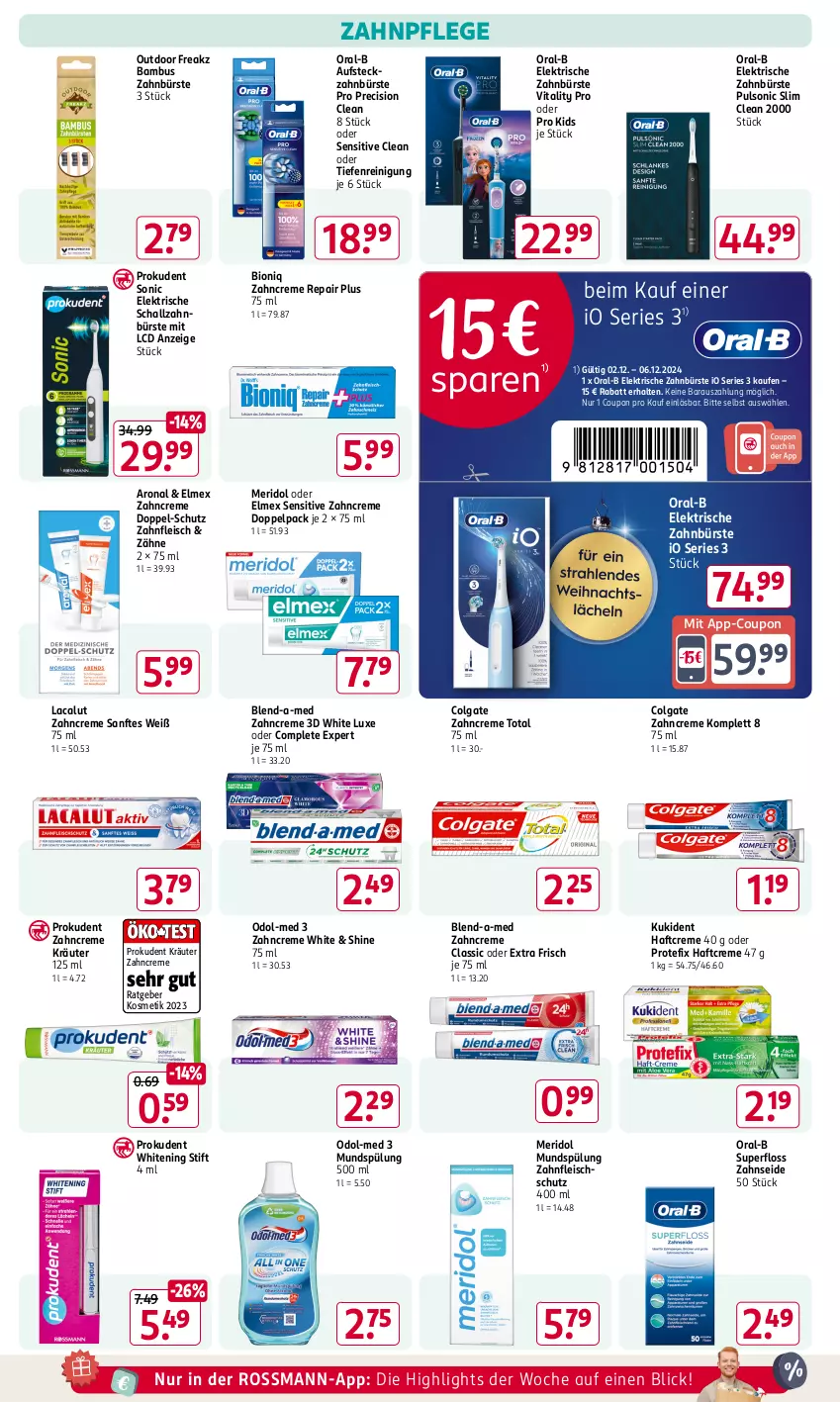 Aktueller Prospekt Rossmann - Prospekte - von 02.12 bis 06.12.2024 - strona 12 - produkty: bambus, bio, blend-a-med, bürste, colgate, coupon, creme, eis, elektrische zahnbürste, elmex, fleisch, Haftcreme, kosmetik, kräuter, Kukident, Lacalut, LG, meridol, mundspülung, Odol, Odol-med 3, oral-b, precision clean, Prokudent, Reinigung, Schal, schallzahnbürste, spülung, Ti, vita, vitality, zahnbürste, zahncreme, Zahnseide