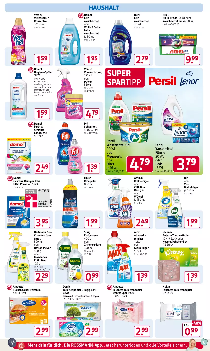 Aktueller Prospekt Rossmann - Prospekte - von 02.12 bis 06.12.2024 - strona 14 - produkty: ajax, allzweckreiniger, alouette, ariel, Bad, balsam, biff, bio, biozidprodukte, burti, Cillit, cillit bang, Domol, entkalker, essig, Fangtücher, feinwaschmittel, feuchtes toilettenpapier, Finish, geschirr, Glasreiniger, hakle, heitmann, Kalkreiniger, klarspüler, kosmetik, Kosmetiktücher, Kosmetiktücher-Box, küche, Küchen, küchentücher, lenor, lenor waschmittel, lufterfrischer, megaperls, papier, persil, persil waschmittel, Pods, pril, Rauch, reiniger, rwe, spartipp, spülmittel, Tasche, taschen, taschentücher, Ti, toilettenpapier, tücher, vanish, vernel, waschmittel, wc-gel, weck, weichspüler, wolle, zewa, zitrone, zitronen