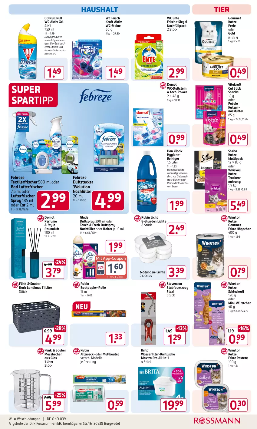 Aktueller Prospekt Rossmann - Prospekte - von 02.12 bis 06.12.2024 - strona 15 - produkty: aktiv gel, angebot, angebote, Bad, Becher, beutel, bio, biozidprodukte, brita, coupon, dell, Domol, Duftspray, elle, ente, febreze, Feuerzeug, Glade, korb, kraft, lufterfrischer, Maxtra, Messbecher, Mini-Würstchen, Mode, müllbeutel, nassfutter, papier, pastete, Rauch, Raumduft, reiniger, Rubin, rwe, sheba, snack, snacks, spartipp, Textilerfrischer, Ti, Trockennahrung, vita, vitakraft, wasser, wasserfilter, wc ente, wc frisch, WC Frisch Kraft Aktiv, WC-Steine, weck, wedel, whiskas, würstchen