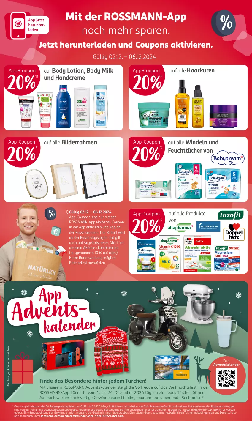 Aktueller Prospekt Rossmann - Prospekte - von 02.12 bis 06.12.2024 - strona 16 - produkty: Adventskalender, angebot, angebotspreis, bilderrahmen, body, body lotion, body milk, coupon, coupons, creme, eis, erde, feuchttücher, gewinnspiel, handcreme, HP, Lotion, reis, sac, Spiele, Ti, tücher, windeln