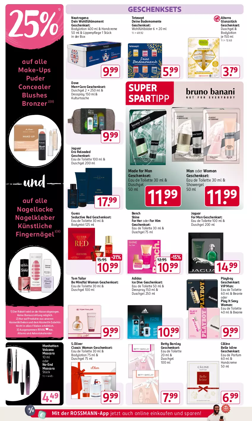 Aktueller Prospekt Rossmann - Prospekte - von 02.12 bis 06.12.2024 - strona 6 - produkty: Adidas, Adventskalender, alterra, Bad, Beanie, bett, body, bodylotion, creme, deo, deospray, deospray 150 ml, dove, duschgel, Eau de parfum, eau de toilette, eau de toilette 100 ml, eau de toilette 30 ml, eau de toilette 50 ml, elle, ente, geschenkset, handcreme, Jaguar, kleber, kosmetik, lack, Lacke, Lippenpflege, Lotion, Make-up, Mascara, Nagellack, neutrogena, olive, parfum, Playboy, rel, s.oliver, spartipp, Tasche, Ti, tom tailor