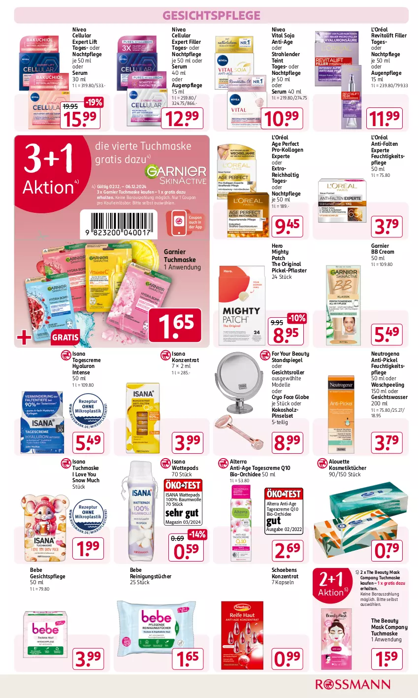 Aktueller Prospekt Rossmann - Prospekte - von 02.12 bis 06.12.2024 - strona 7 - produkty: alouette, alterra, anti-falten experte, Augenpflege, Bebe, bio, coupon, creme, dell, elle, feuchtigkeitspflege, For Your Beauty, garnier, gesichtspflege, Gesichtswasser, gin, hero, Holz, HP, hyaluron, isana, kokos, Kollagen, kosmetik, Kosmetiktücher, Maske, Mode, nachtpflege, neutrogena, nivea, orchidee, Peeling, pflaster, Pinsel, Pinselset, Q10, Reinigung, reinigungstücher, Revital, revitalift, Roller, rum, sana, Schaebens, Serum, soja, spiegel, Standspiegel, tagescreme, Ti, tuc, tücher, tuchmaske, vita, wasser, wattepads, Yo