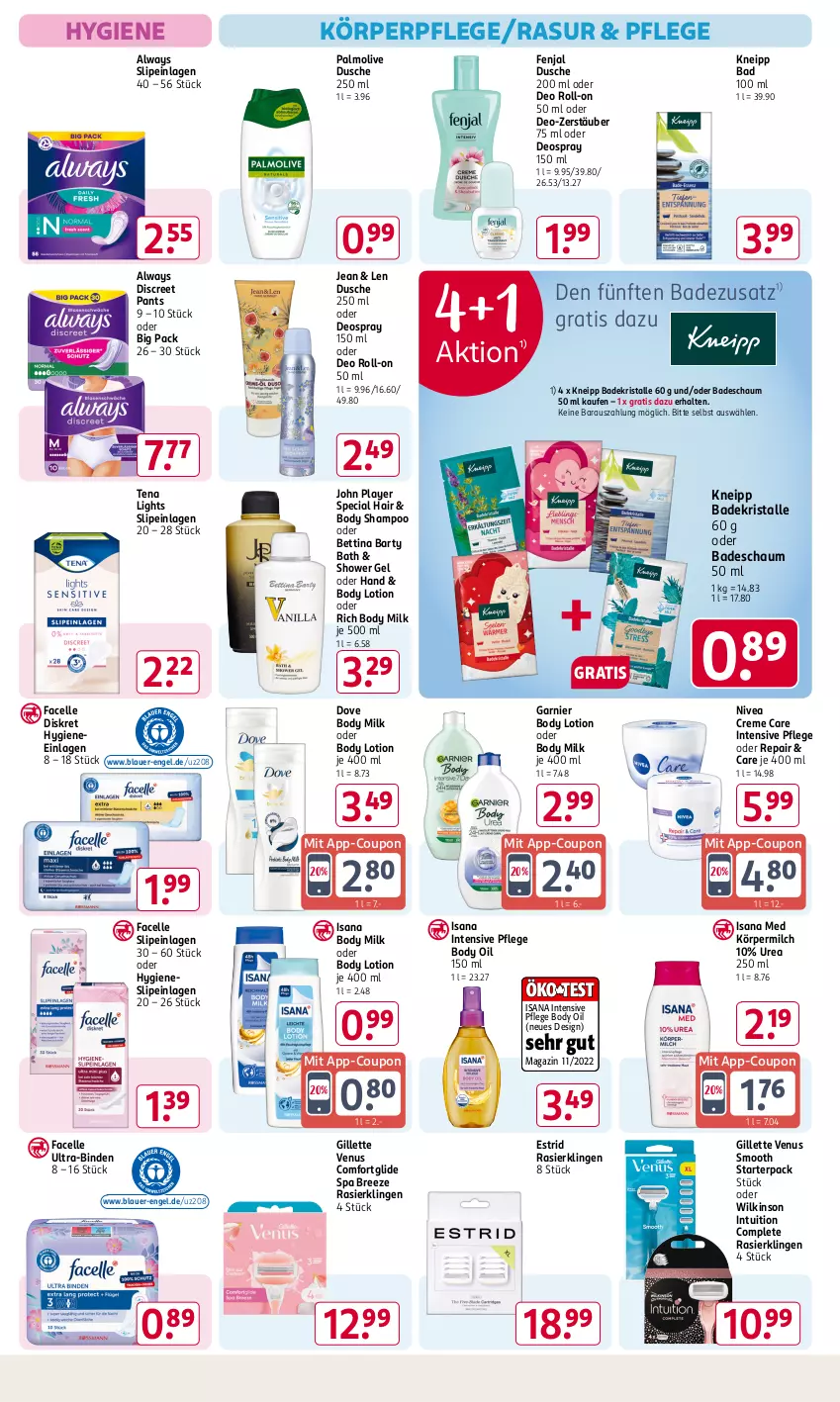 Aktueller Prospekt Rossmann - Prospekte - von 02.12 bis 06.12.2024 - strona 8 - produkty: Alwa, Always, auer, Bad, Badekristalle, bett, binden, body, body lotion, body milk, bree, coupon, creme, deo, deo roll-on, deospray, deospray 150 ml, Discreet, dove, dusche, elle, Engel, Facelle, garnier, gillette, gillette venus, isana, kneipp, körperpflege, Lotion, magazin, milch, nivea, oder deo roll-on, oder deospray, olive, palmolive, Pants, Rasierklinge, rasierklingen, roll-on, sana, shampoo, slip, slipeinlagen, Ti, Ultra-Binden, venus, wilkinson