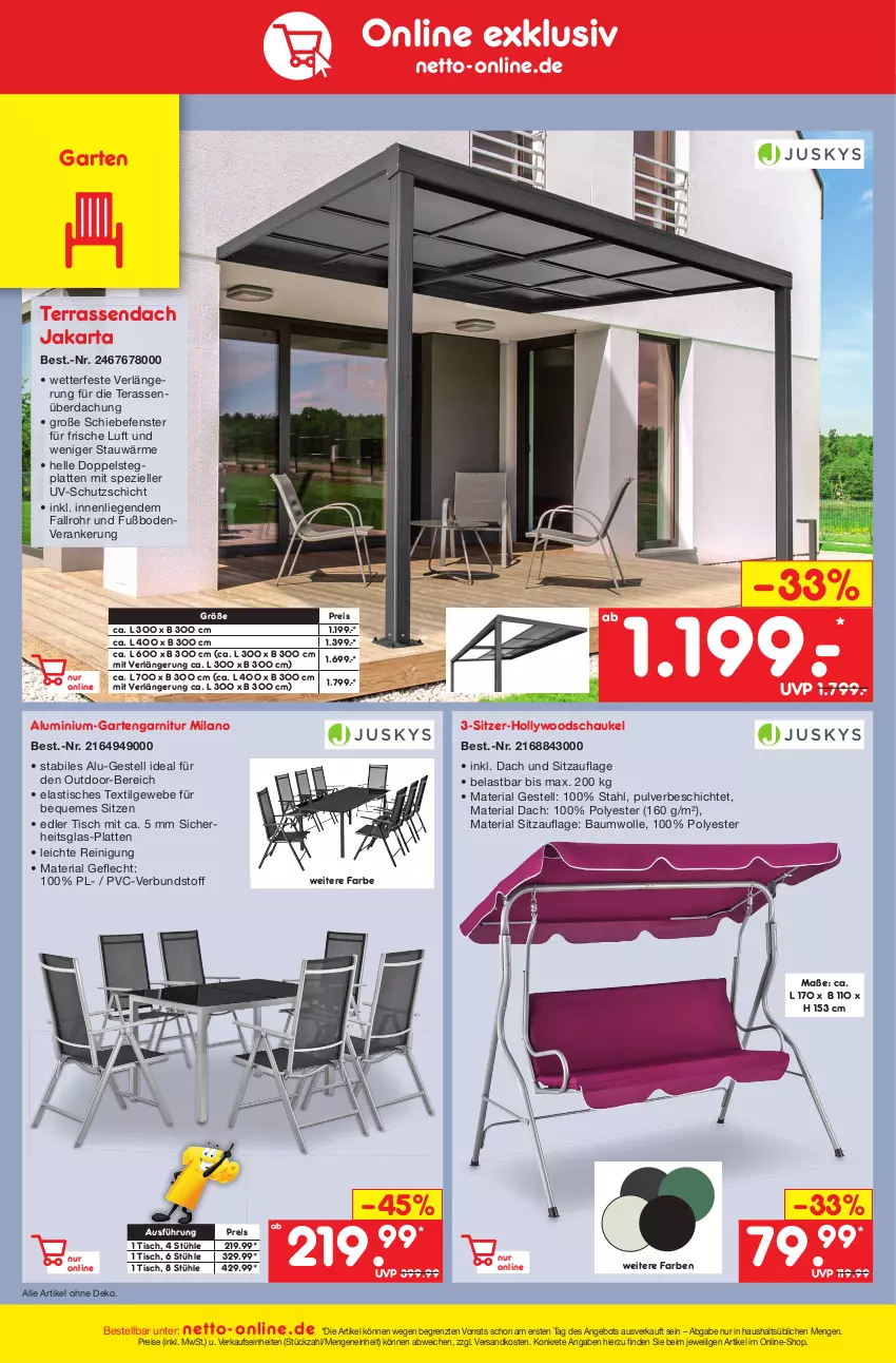 Aktueller Prospekt Netto Marken-Discount - Filial-Angebote - von 11.04 bis 15.04.2023 - strona 44 - produkty: angebot, asti, Bau, baumwolle, eis, elle, fenster, garnitur, Garten, hollywoodschaukel, latte, LG, Liege, ndk, Reinigung, reis, Ria, Schaukel, Sitzauflage, Spezi, Stühl, telefon, Ti, tisch, uv-schutz, wolle, ZTE