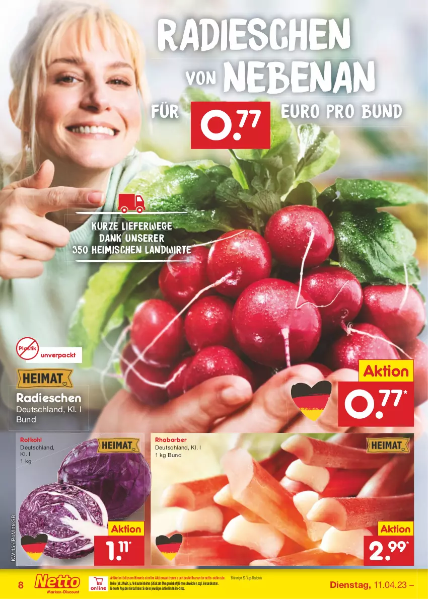 Aktueller Prospekt Netto Marken-Discount - Filial-Angebote - von 11.04 bis 15.04.2023 - strona 8 - produkty: asti, bestpreis, eis, ndk, radieschen, reis, rhabarber, rotkohl, rwe, Ti