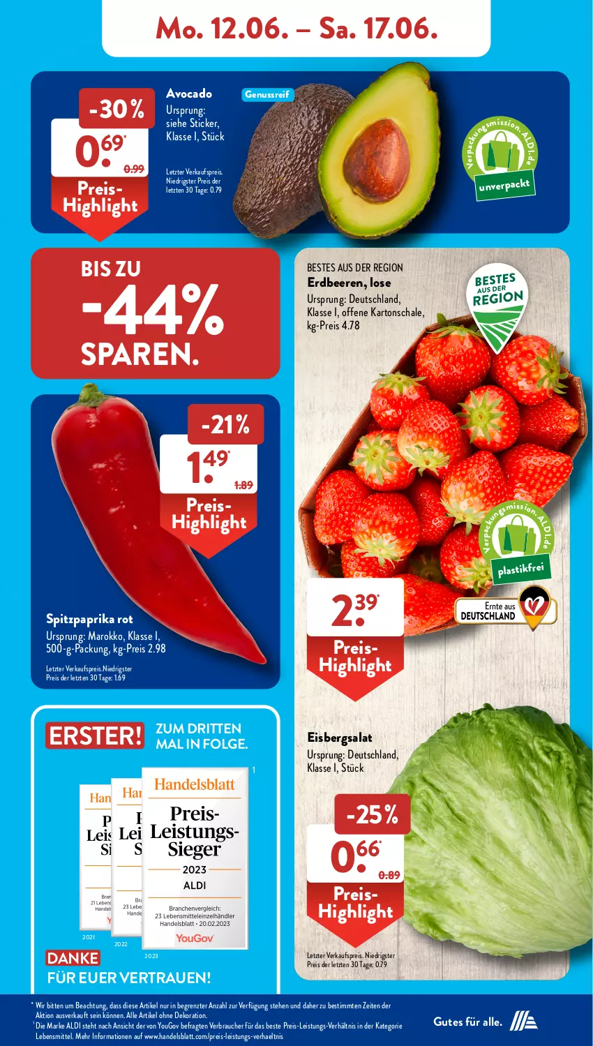 Aktueller Prospekt AldiSud - NÄCHSTE WOCHE - von 12.06 bis 17.06.2023 - strona 4 - produkty: aldi, alle artikel ohne dekoration, asti, avocado, beere, beeren, dekoration, eis, eisbergsalat, erdbeere, erdbeeren, lebensmittel, LG, nuss, paprika, paprika rot, Rauch, reis, salat, Schal, Schale, Spitzpaprika, Ti, Yo, ZTE