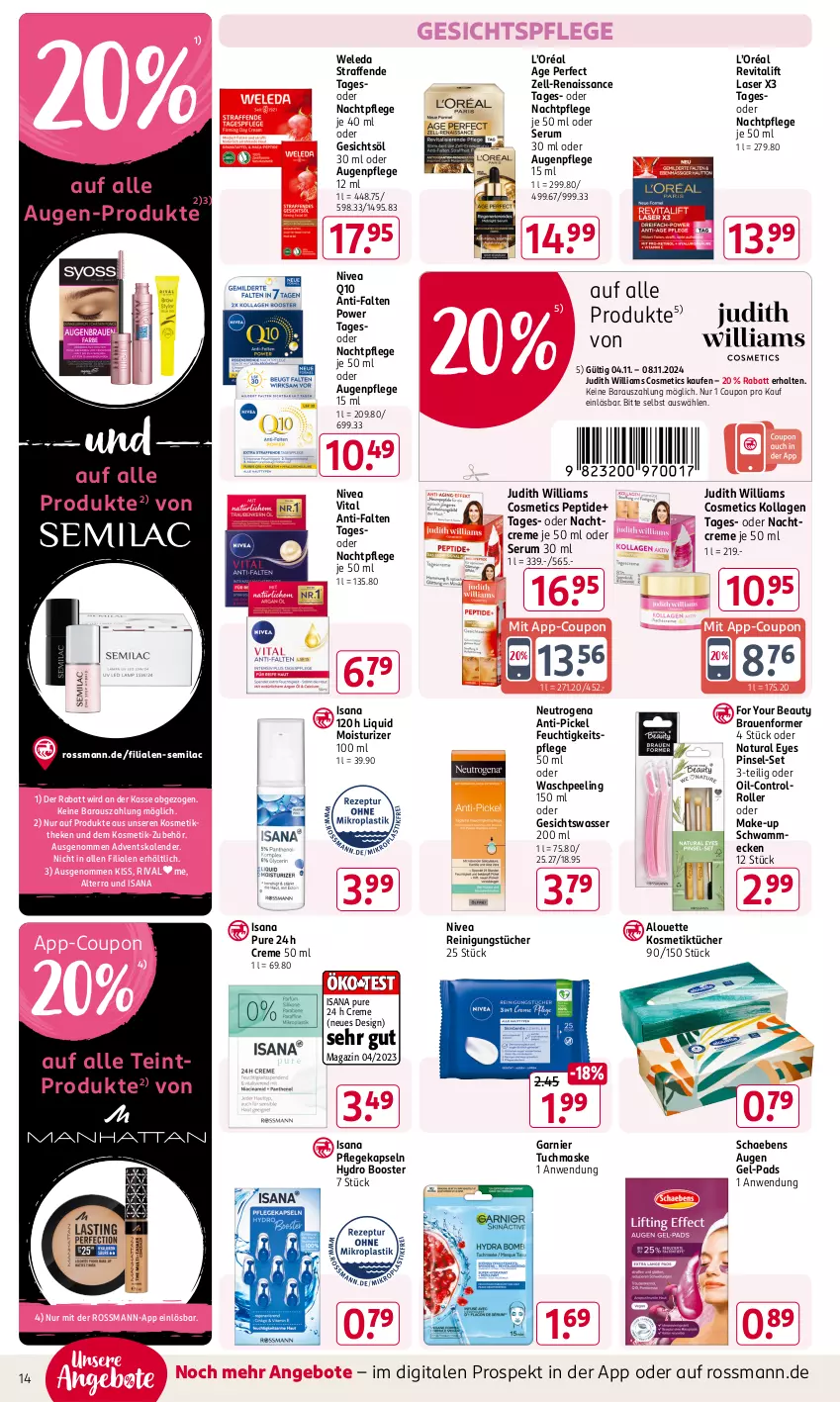 Aktueller Prospekt Rossmann - Prospekte - von 04.11 bis 08.11.2024 - strona 14 - produkty: Adventskalender, alouette, alterra, angebot, angebote, Augenpflege, coupon, creme, feuchtigkeitspflege, For Your Beauty, garnier, Gesichtsöl, gesichtspflege, Gesichtswasser, HP, isana, Kollagen, kosmetik, Kosmetiktücher, magazin, Make-up, Maske, nachtcreme, nachtpflege, natur, natura, neutrogena, nivea, Peeling, Pinsel, Q10, Reinigung, reinigungstücher, Revital, revitalift, Roller, rum, sana, Schaebens, schwamm, Serum, Ti, tuc, tücher, tuchmaske, vita, wasser, weleda, Yo