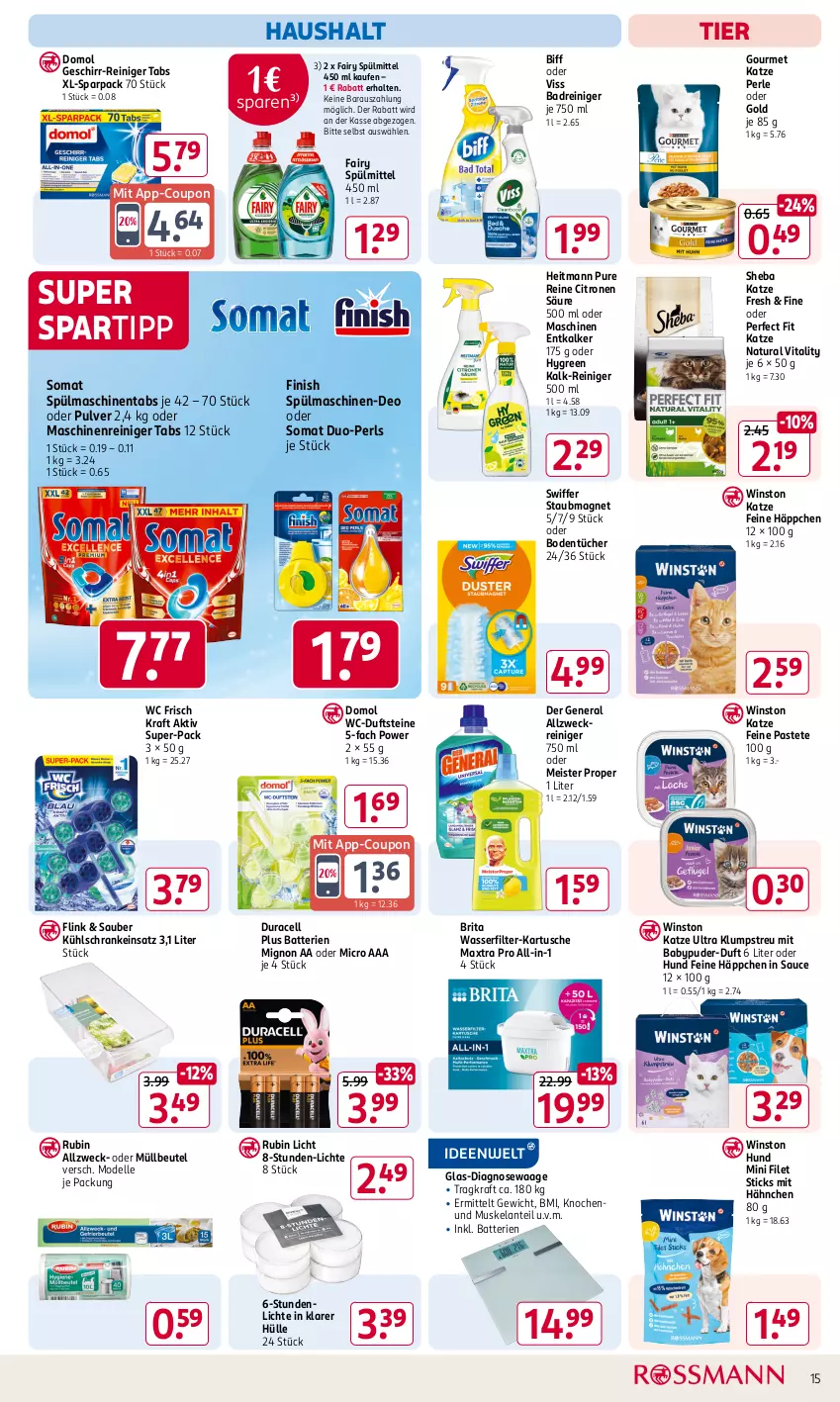 Aktueller Prospekt Rossmann - Prospekte - von 04.11 bis 08.11.2024 - strona 15 - produkty: allzweckreiniger, Babypuder, Bad, batterie, batterien, beutel, biff, Bodentücher, brita, coupon, dell, deo, Domol, eis, Elan, elle, entkalker, fairy, filet, Finish, geschirr, heitmann, klumpstreu, kraft, kühlschrank, maschinenreiniger, Maxtra, Meister, meister proper, Mode, müllbeutel, natur, natura, pastete, Perfect Fit, reiniger, Rubin, sauce, Schrank, sheba, somat, spartipp, spülmaschinen, spülmaschinentabs, spülmittel, staubmagnet, swiffer, Ti, tücher, vita, vitality, Waage, wasser, wasserfilter, wc frisch, WC Frisch Kraft Aktiv, weck