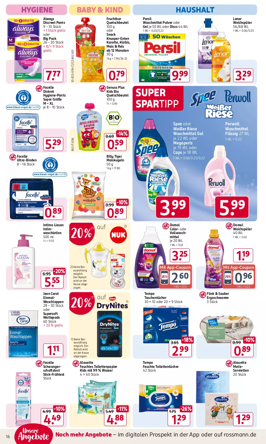 Aktueller Prospekt Rossmann - Prospekte - von 04.11 bis 08.11.2024 - strona 16 - produkty: alouette, Alwa, Always, angebot, angebote, auer, beutel, binden, bio, Cap, coupon, Discreet, Domol, Einmalwaschlappen, eis, elle, Engel, ente, Facelle, feuchtes toilettenpapier, frucht, Hygiene-Pants, Jean Carol, Kugel, Kürbis, lenor, lenor weichspüler, Lotion, mais, megaperls, nuss, Pants, papier, persil, persil waschmittel, perwoll, quetschbeutel, reis, schwamm, Schwangerschaftstest, Serviette, servietten, snack, spartipp, spee, Tasche, taschen, taschentücher, Tempo, Ti, toilettenpapier, toilettentücher, tücher, Ultra-Binden, vollwaschmittel, waschlappen, Waschlotion, waschmittel, wasser, wattepads, weichspüler