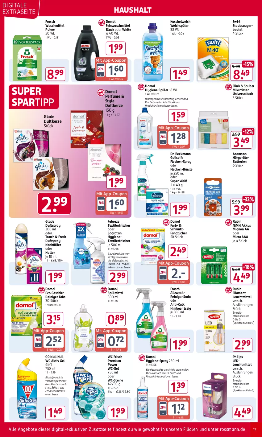 Aktueller Prospekt Rossmann - Prospekte - von 04.11 bis 08.11.2024 - strona 17 - produkty: akku, aktiv gel, allzweckreiniger, angebot, angebote, batterie, batterien, beutel, bio, biozidprodukte, bürste, coupon, Domol, Dr. Beckmann, Duftkerze, Duftspray, essig, Fangtücher, febreze, feinwaschmittel, Frosch, geschirr, Glade, himbeer, kerze, Kuschelweich, lack, leuchtmittel, mikrofaser, Philips, Rauch, reiniger, Rubin, rum, rwe, sagrotan, Seife, Soda, spartipp, Spektrum, spülmittel, staubsauger, staubsaugerbeutel, swirl, Textilerfrischer, Ti, tuc, tücher, waschmittel, wc frisch, wc-gel, WC-Steine, weck, weichspüler