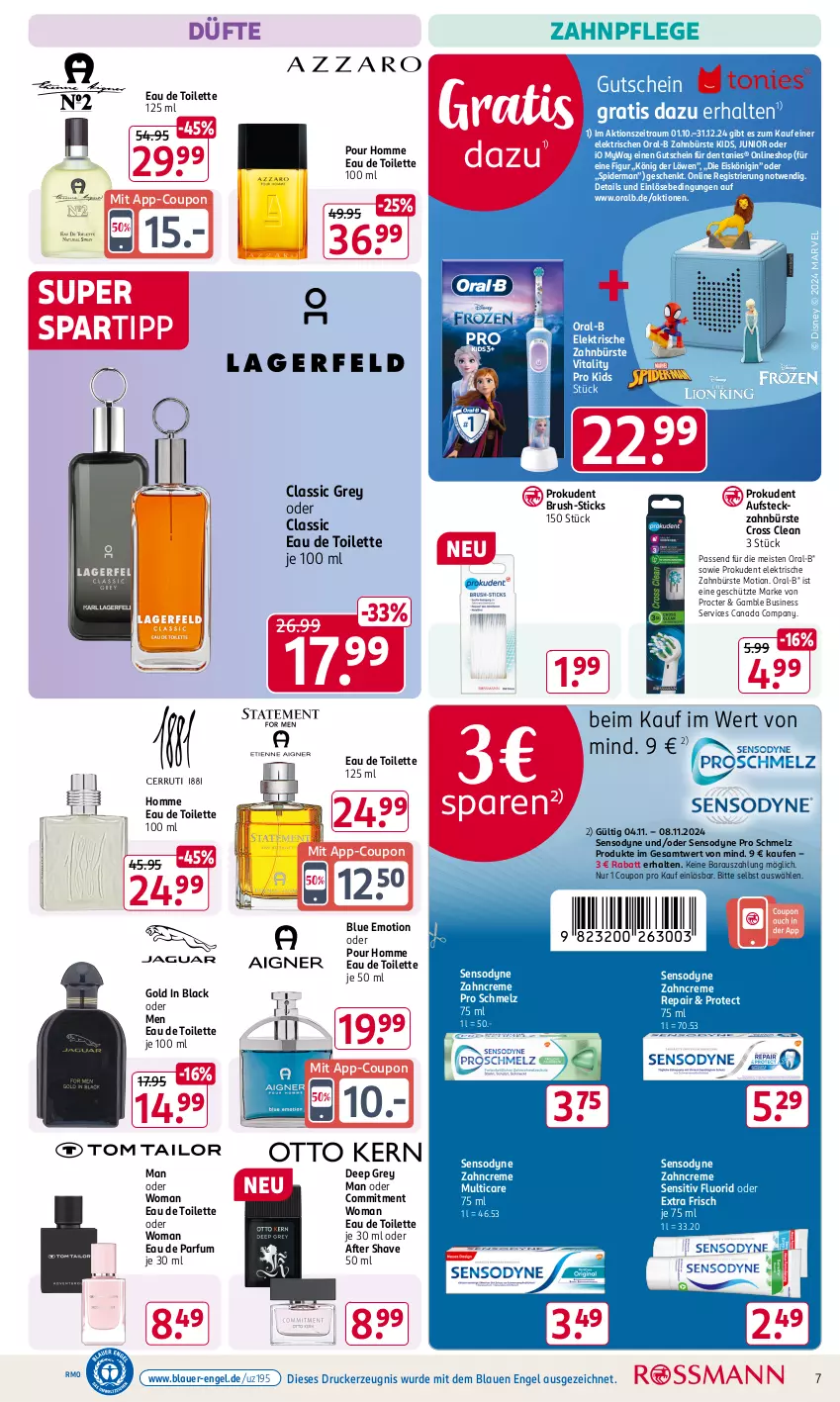 Aktueller Prospekt Rossmann - Prospekte - von 04.11 bis 08.11.2024 - strona 7 - produkty: after shave, auer, bürste, coupon, creme, disney, drucker, Eau de parfum, eau de toilette, eau de toilette 100 ml, eis, Eiskönigin, elektrische zahnbürste, Engel, gin, gutschein, kerze, König der Löwen, lack, oral-b, oralb, parfum, Prokudent, sensodyne, spartipp, Ti, vita, vitality, zahnbürste, zahncreme, ZTE