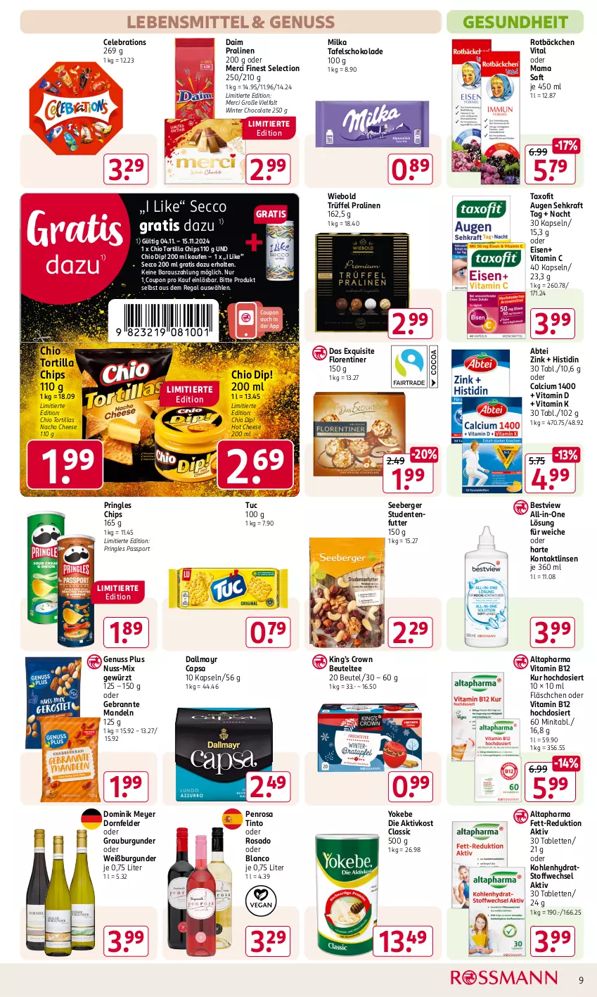 Aktueller Prospekt Rossmann - Prospekte - von 04.11 bis 08.11.2024 - strona 9 - produkty: Abtei, Altapharma, Berger, beutel, burgunder, Calcium, Cap, chips, cola, coupon, daim, dallmayr, dallmayr capsa, dip, dornfelder, ecco, eis, ente, Florentiner, Gesundheit, gewürz, grauburgunder, kraft, lebensmittel, linsen, mam, mandel, mandeln, merci, milka, nacho, nacho cheese, nuss, pralinen, pringles, regal, ring, saft, schoko, schokolade, seeberger, Sehkraft, Sport, studentenfutter, tablet, tablett, Tablette, tafelschokolade, Taxofit, tee, Ti, tortilla, Tortilla Chips, tortillas, Trüffel, tuc, vita, Vitamin B, Vitamin C, Vitamin D, Weißburgunder, Yo, Yokebe