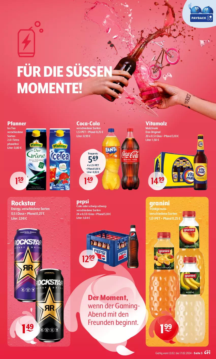 Aktueller Prospekt Getraenke Hoffmann - Prospekte - von 12.02 bis 17.02.2024 - strona 3 - produkty: coca-cola, cola, eis, ente, gin, granini, ice tea, malz, nuss, pepsi, Pepsi Cola, pfanne, Pfanner, reis, Rockstar, Schwip Schwap, Ti, vita, vitamalz