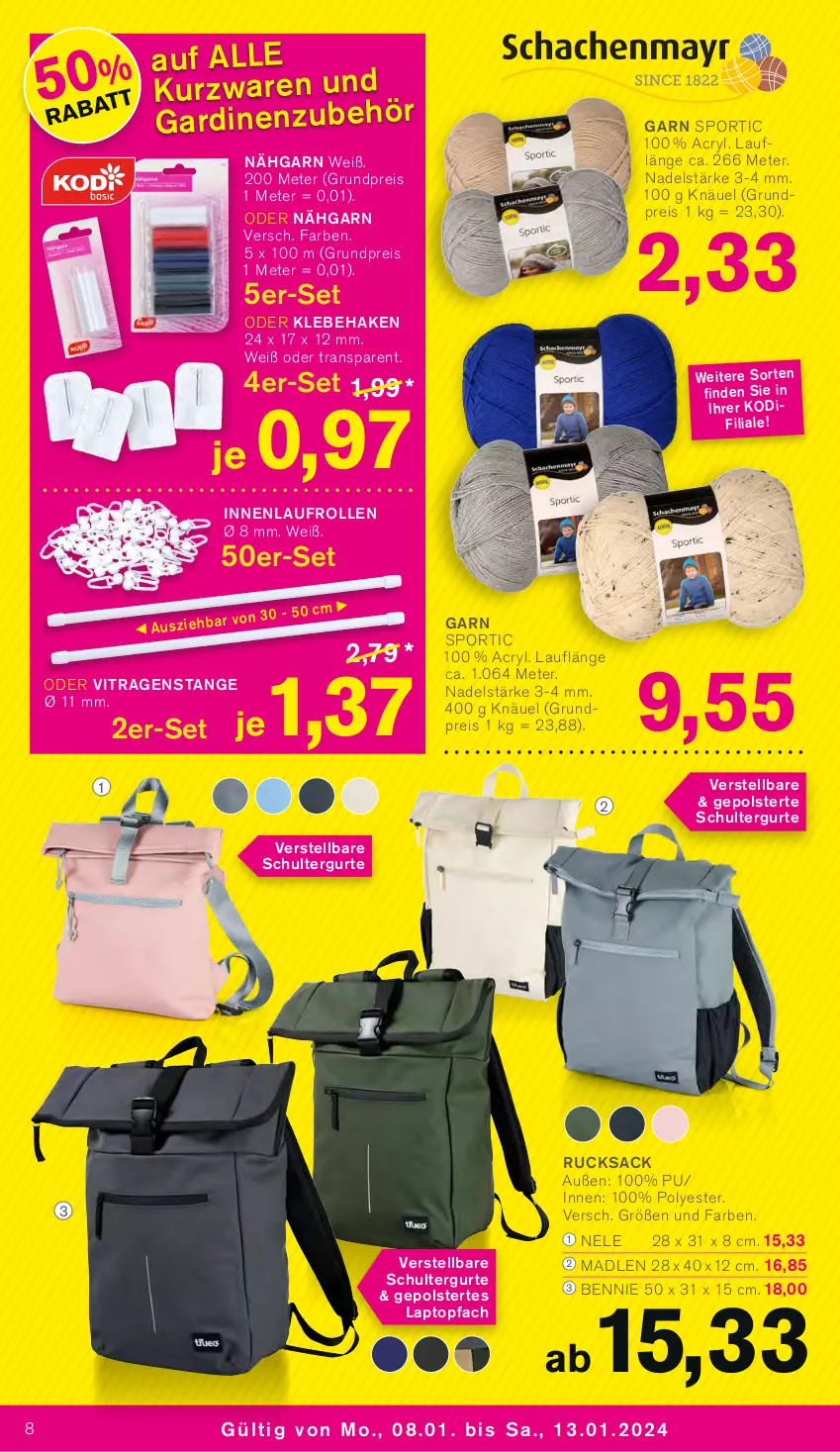 Aktueller Prospekt Kodi - Prospekte - von 08.01 bis 13.01.2024 - strona 8 - produkty: eis, Gardinen, Laptop, reis, rucksack, sac, schultergurt, Sport, Ti, topf