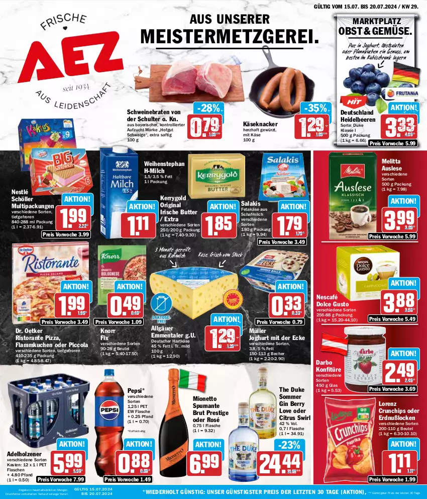 Aktueller Prospekt Aez - Prospekte - von 15.07 bis 20.07.2024 - strona 1 - produkty: adelholzener, Becher, beere, beeren, beutel, braten, brut, butter, chips, citrus, cola, crunchips, darbo, dolce gusto, Dr. Oetker, eis, emmentaler, feta, flammkuchen, flasche, gewürz, gin, hartkäse, heidelbeere, heidelbeeren, hofgut, Holz, irische butter, joghur, joghurt, joghurt mit der ecke, Käse, kerrygold, knacker, knorr, knorr fix, konfitüre, kuchen, kühlschrank, lamm, LG, lorenz, lorenz crunchips, Meister, melitta, milch, mionetto, Müller, Nescafé, nestlé, nestlé schöller, nuss, obst, pepsi, Pfannkuchen, pizza, puma, reis, ristorante, ristorante pizza, saft, salakis, salat, salate, Schöller, Schrank, schwein, schweine, schweinebraten, spumante, swirl, Ti, trolli, weihenstephan, wein, weine, ZTE