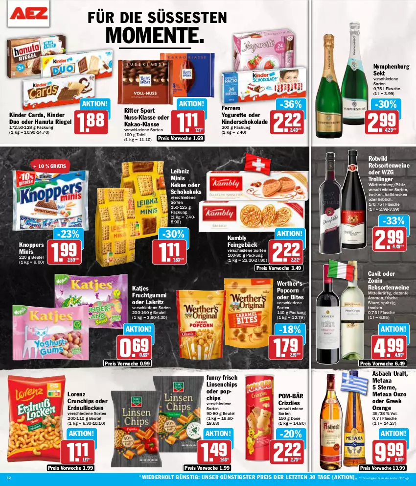 Aktueller Prospekt Aez - Prospekte - von 15.07 bis 20.07.2024 - strona 12 - produkty: asbach uralt, beutel, bites, chips, crunchips, eis, ente, ferrero, flasche, frucht, fruchtgummi, Funny Frisch, hanuta, kakao, katjes, keks, kekse, Kinder, knoppers, Lakritz, leibniz, linsen, lorenz, lorenz crunchips, Metaxa, nuss, oder lakritz, orange, ouzo, pom-bär, popcorn, rebsortenweine, reis, riegel, ritter, ritter sport, schoko, schokolade, sekt, Sport, Ti, trolli, trollinger, wein, weine, Wild, Yo, yogurette, zonin, ZTE