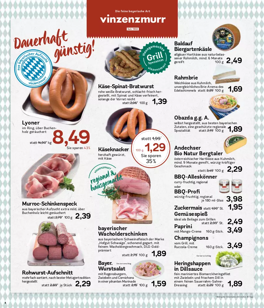 Aktueller Prospekt Aez - Prospekte - von 15.07 bis 20.07.2024 - strona 4 - produkty: auer, aufschnitt, bier, bio, bismarck, bratwurst, brie, buch, burger, champignon, champignons, cola, creme, curry, dressing, eis, frucht, Garten, gewürz, grill, hartkäse, hering, Herings, Heringshappen, hofgut, Holz, ilag, Käse, knacker, LG, lyoner, mac, mais, mango, marinade, milch, mit zwiebeln, natur, obazda, regensburger, reis, ring, Rohwurst, sahne, salat, sauce, Sauerrahm, schinken, schinkenspeck, schwein, schweine, Speck, Spezi, spinat, Ti, weichkäse, wein, weine, wurst, Yo, ZTE, zucker, zuckermais, zwiebel, zwiebeln