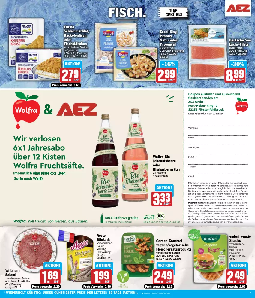 Aktueller Prospekt Aez - Prospekte - von 15.07 bis 20.07.2024 - strona 7 - produkty: aoste stickado, backofen, beere, bio, eis, elle, escal, filet, filets, fisch, fischstäbchen, flasche, fleisch, frosta, garden gourmet, johannisbeere, lachs, natur, Nektar, Ofen, prawns, reis, rhabarber, rwe, salami, schlemmerfilet, snack, snacks, stickado, teller, Ti, Vegeta, veggie, wiltmann, ZTE