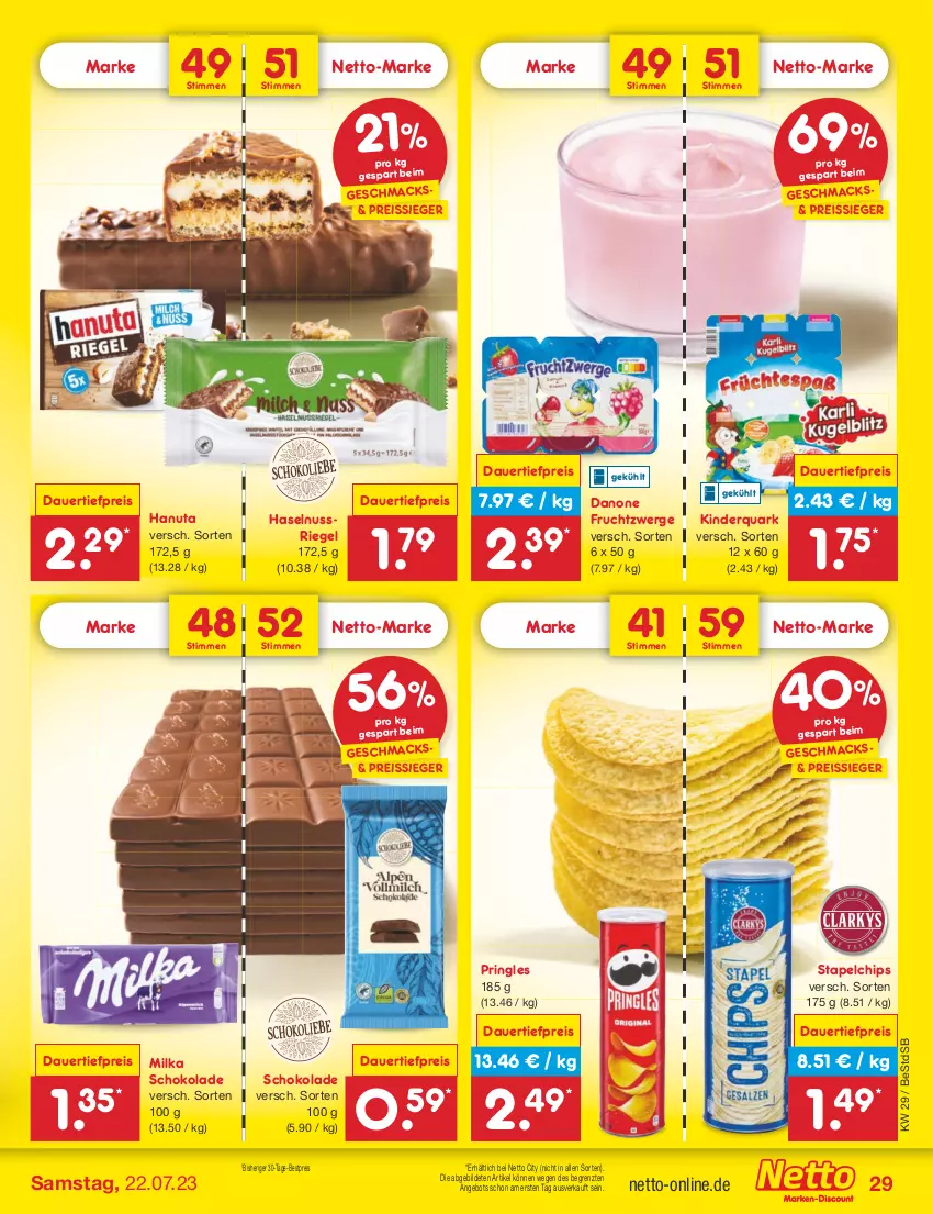 Aktueller Prospekt Netto Marken-Discount - Filial-Angebote - von 17.07 bis 22.07.2023 - strona 29 - produkty: angebot, auer, bestpreis, chips, danone, danone fruchtzwerge, dauertiefpreis, eis, frucht, fruchtzwerge, hanuta, haselnuss, Kinder, mac, milka, milka schokolade, nuss, nussriegel, pringles, quark, reis, reiss, riegel, ring, schoko, schokolade, Ti, tiefpreis, ZTE