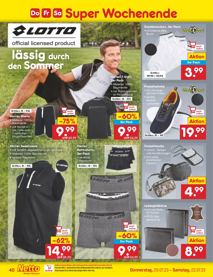 Aktueller Prospekt Netto Marken-Discount - Filial-Angebote - von 17.07 bis 22.07.2023 - strona 40 - produkty: asti, Bau, baumwolle, eis, Freizeitschuhe, Geldbörse, ndk, reis, retroshorts, Ria, schuhe, shirt, shorts, sneaker, sneakersocken, socken, T-Shirt, Tasche, taschen, Ti, tisch, Weste, wolle, ZTE