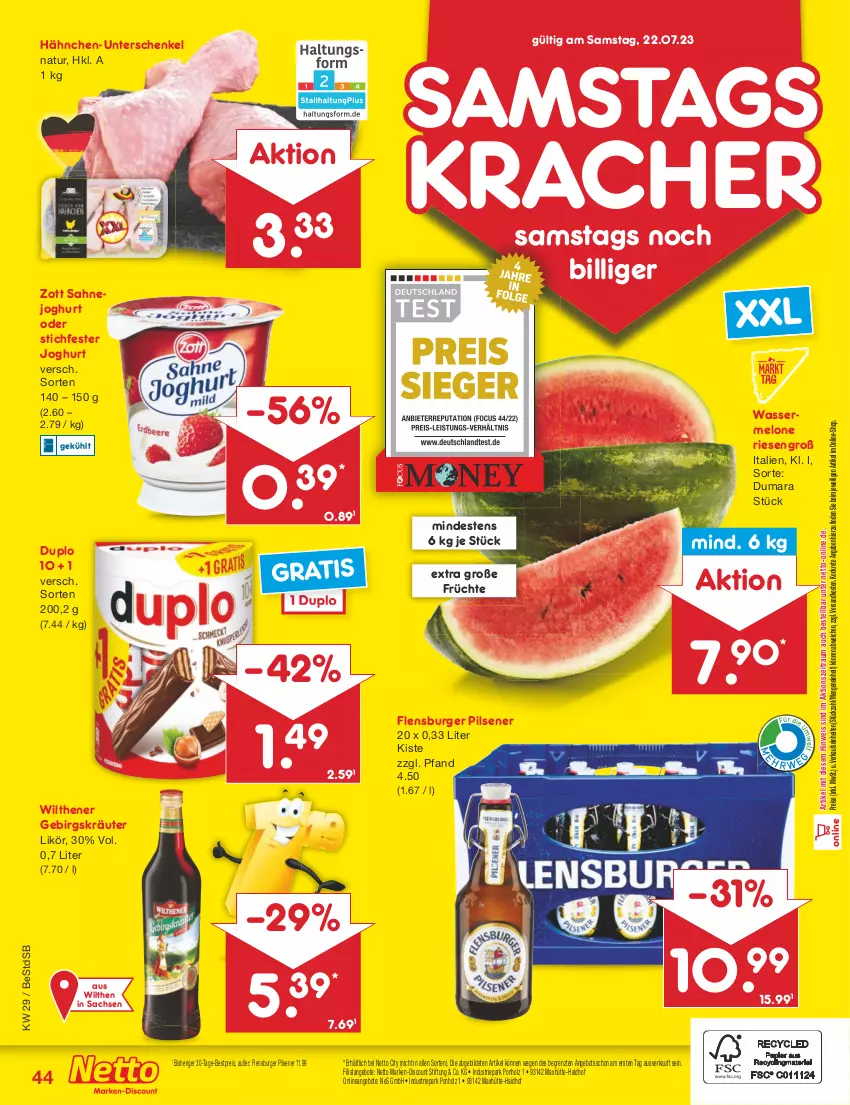 Aktueller Prospekt Netto Marken-Discount - Filial-Angebote - von 17.07 bis 22.07.2023 - strona 44 - produkty: angebot, angebote, bestpreis, burger, discount, duplo, eis, flensburger, früchte, henkel, Holz, joghur, joghurt, kracher, kräuter, likör, marken-discount, melone, natur, ndk, pils, pilsener, reis, sac, sahne, Sahnejoghurt, schenkel, Ti, wasser, wassermelone, wilthener, zott, ZTE