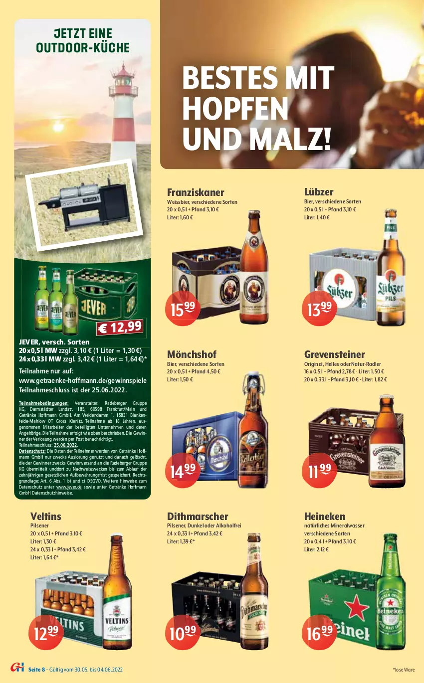 Aktueller Prospekt Getraenke Hoffmann - Prospekte - von 30.05 bis 04.06.2022 - strona 8 - produkty: alkohol, Altenmünster, Alwa, auer, aust, Berger, berliner, berliner kindl, bier, Biere, bügel, clausthaler, corona, eis, elle, erde, flasche, franziskaner, getränk, getränke, gewinnspiel, gin, grevensteiner, Hefe, heineken, Holz, jever, kellerbier, küche, LG, Lübzer, mac, malz, mars, Meister, mineralwasser, mönchshof, natur, natürliches mineralwasser, Paula, paulaner, pils, pilsener, premium pils, radeberger, radler, rel, Spezi, Spiele, steiner, Ti, veltins, wasser, weck, weissbier