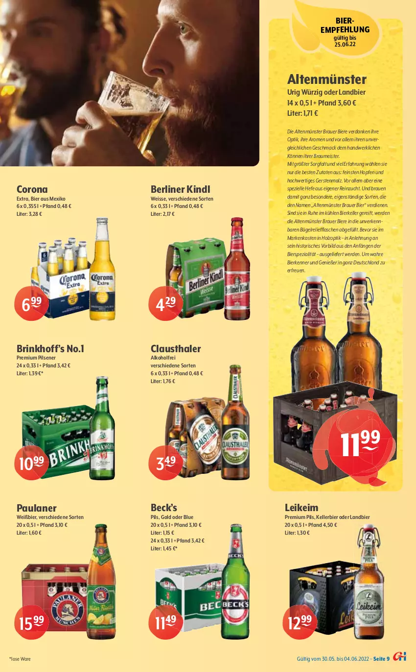 Aktueller Prospekt Getraenke Hoffmann - Prospekte - von 30.05 bis 04.06.2022 - strona 9 - produkty: alkohol, Altenmünster, Alwa, auer, aust, Berger, berliner, berliner kindl, bier, Biere, bügel, clausthaler, corona, eis, elle, erde, flasche, franziskaner, getränk, getränke, gewinnspiel, gin, grevensteiner, Hefe, heineken, Holz, jever, kellerbier, küche, LG, Lübzer, mac, malz, mars, Meister, mineralwasser, mönchshof, natur, natürliches mineralwasser, Paula, paulaner, pils, pilsener, premium pils, radeberger, radler, rel, Spezi, Spiele, steiner, Ti, veltins, wasser, weck, weissbier