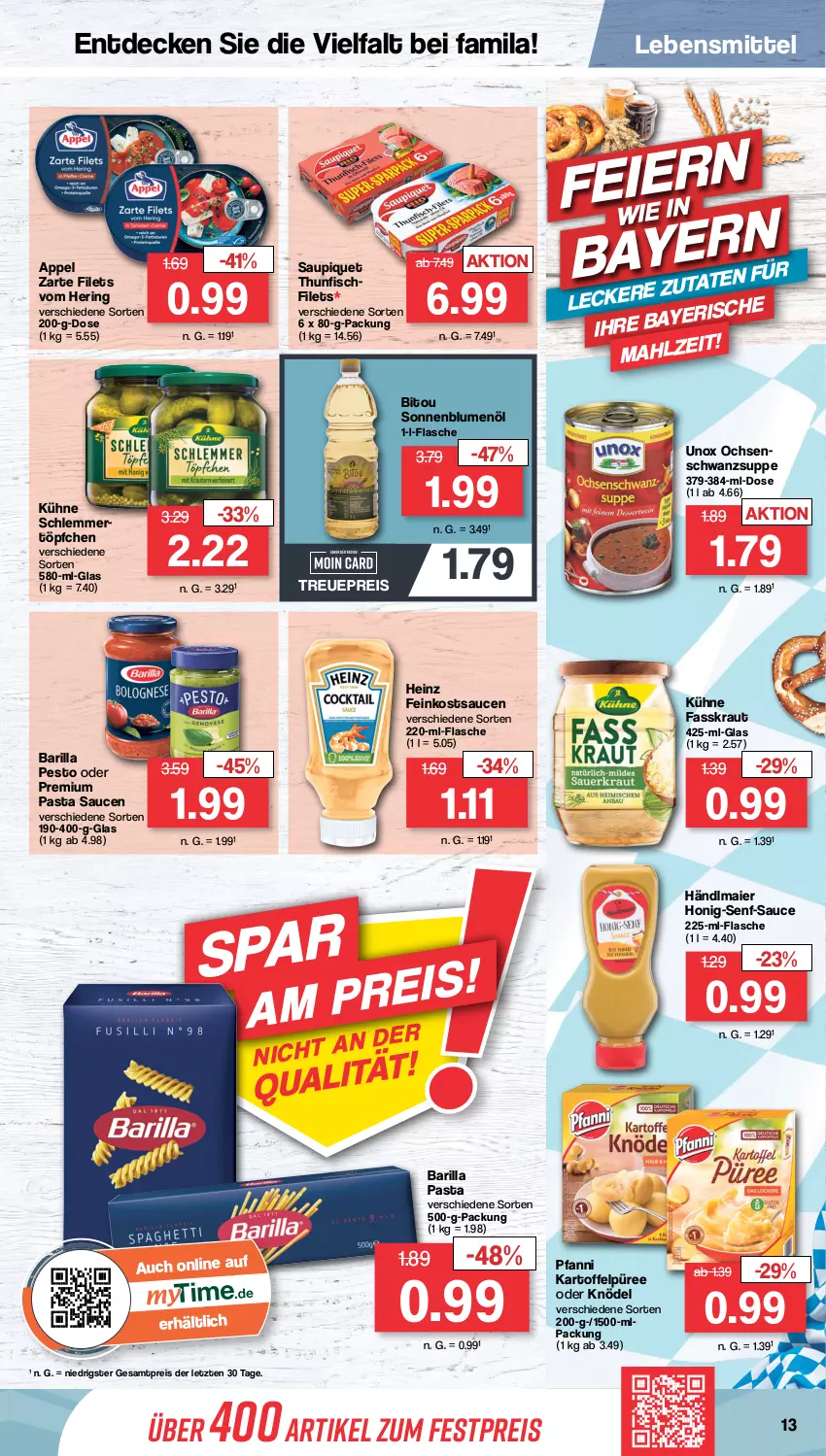 Aktueller Prospekt Famila - Prospekte - von 19.09 bis 24.09.2022 - strona 13 - produkty: barilla, blume, blumen, blumenöl, decke, eis, feinkost, filet, filets, fisch, flasche, händlmaier, heinz, hering, honig, Honig-Senf, kartoffel, Kartoffelpüree, Knödel, Kraut, Kühne, lebensmittel, pasta, Pasta Sauce, pesto, pfanni, püree, reis, ring, sauce, saucen, saupiquet, senf, suppe, thunfisch, Ti, Töpfchen, ZTE