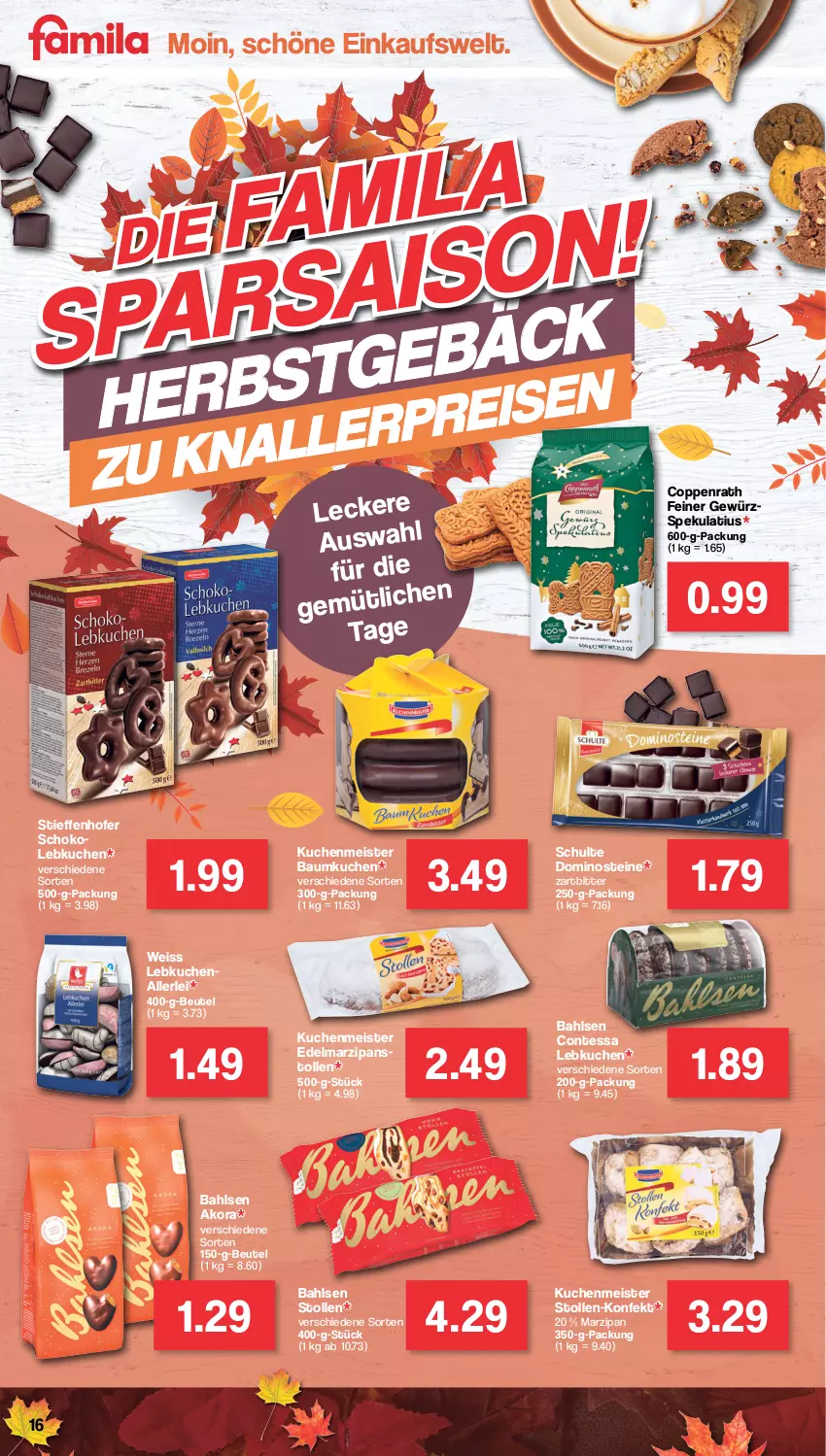 Aktueller Prospekt Famila - Prospekte - von 19.09 bis 24.09.2022 - strona 16 - produkty: bahlsen, Bau, beutel, coppenrath, Dominosteine, Edelmarzipan, eis, gewürz, kuchen, kuchenmeister, Lebkuchen, marzipan, Meister, schoko, Stollen, Ti