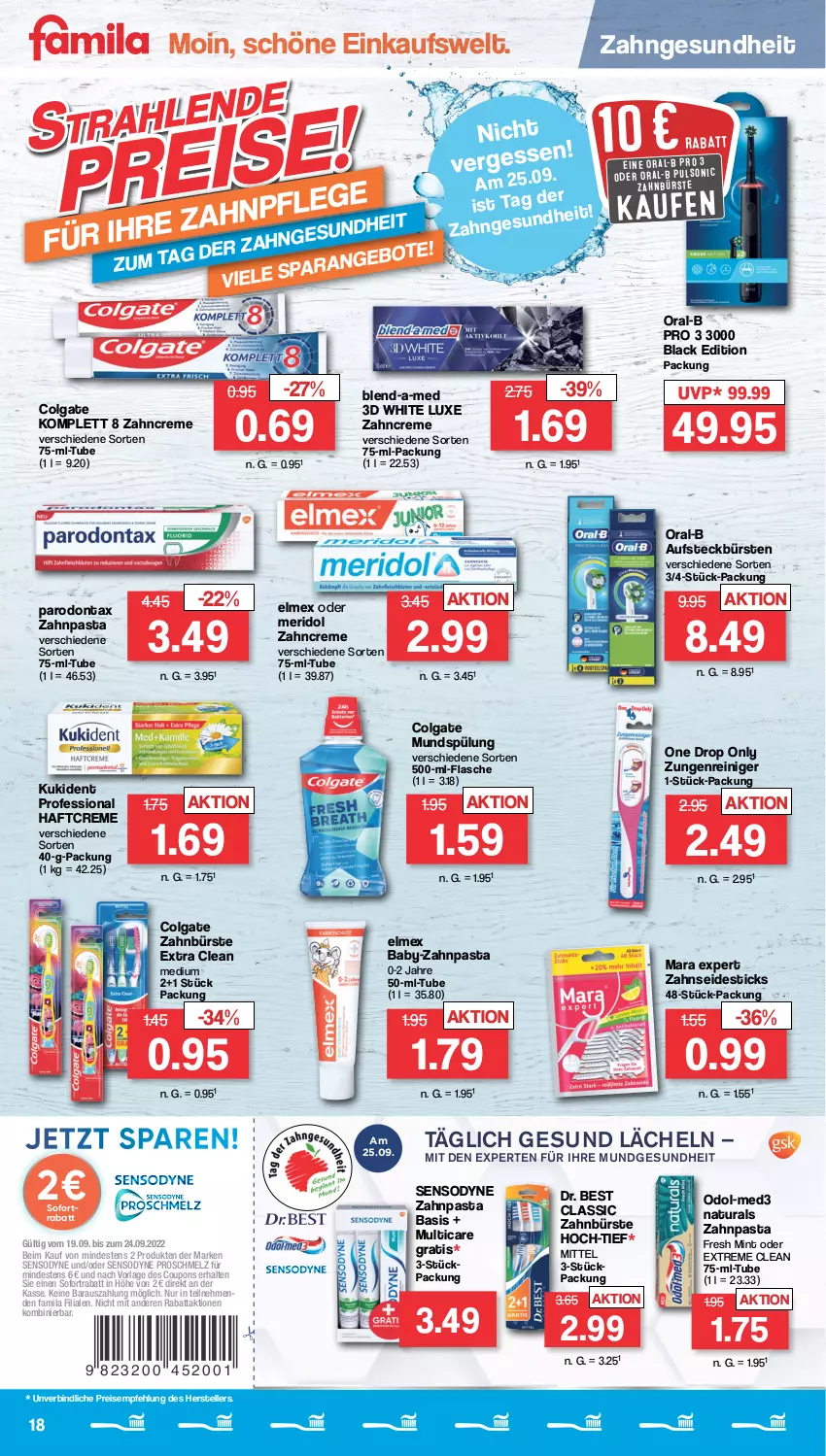 Aktueller Prospekt Famila - Prospekte - von 19.09 bis 24.09.2022 - strona 18 - produkty: aufsteckbürsten, blend-a-med, bürste, bürsten, colgate, coupon, coupons, creme, Dr. Best, eis, elle, elmex, flasche, Gesundheit, Haftcreme, Kukident, lack, LG, meridol, mint, mundspülung, natur, natura, Odol, oral-b, Parodontax, pasta, reiniger, reis, sensodyne, sofortrabatt, spülung, teller, Ti, zahnbürste, zahncreme, zahnpasta, Zahnseide